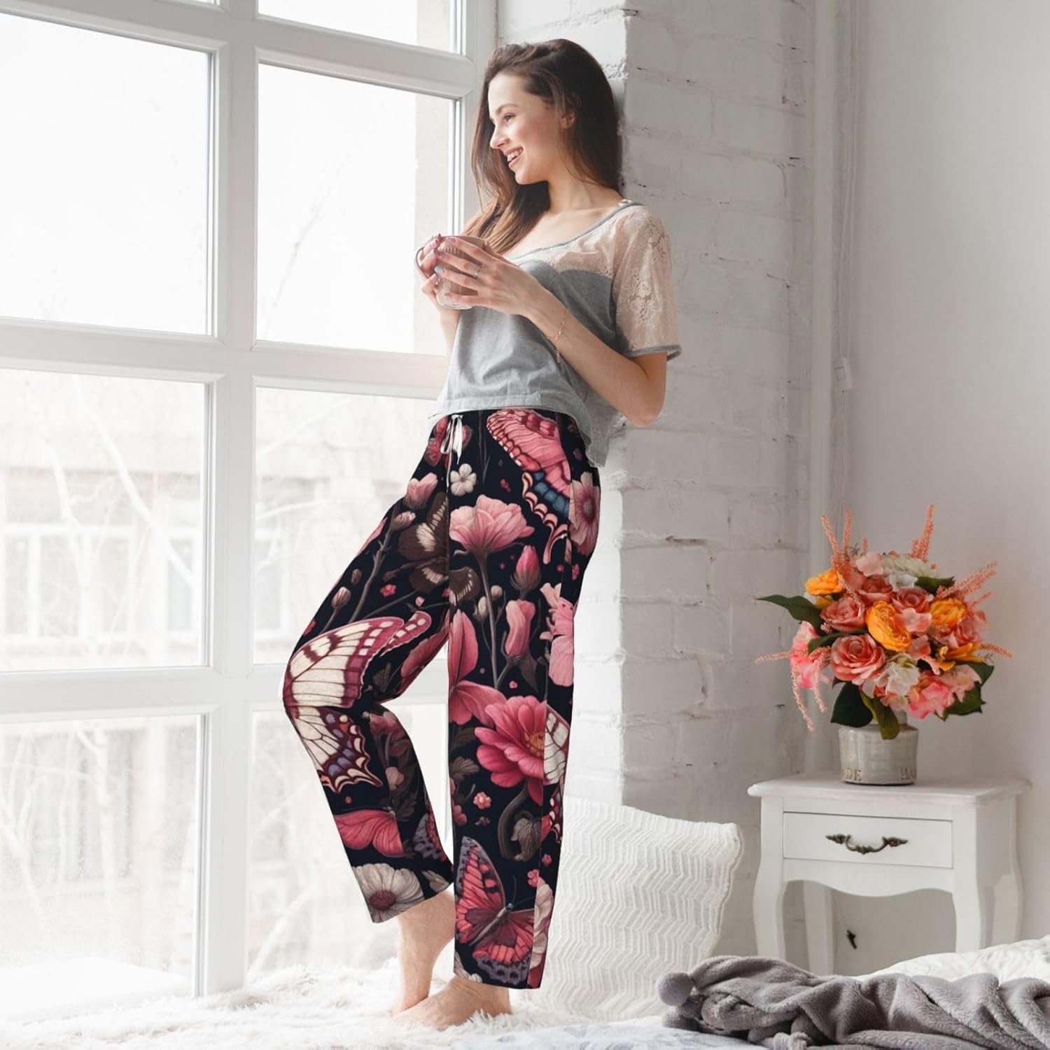 Women'S Dark-Floral-Flowers-Butterflies Fleece Pajama Pants, Cozy Flannel Lounge Bottoms For Women