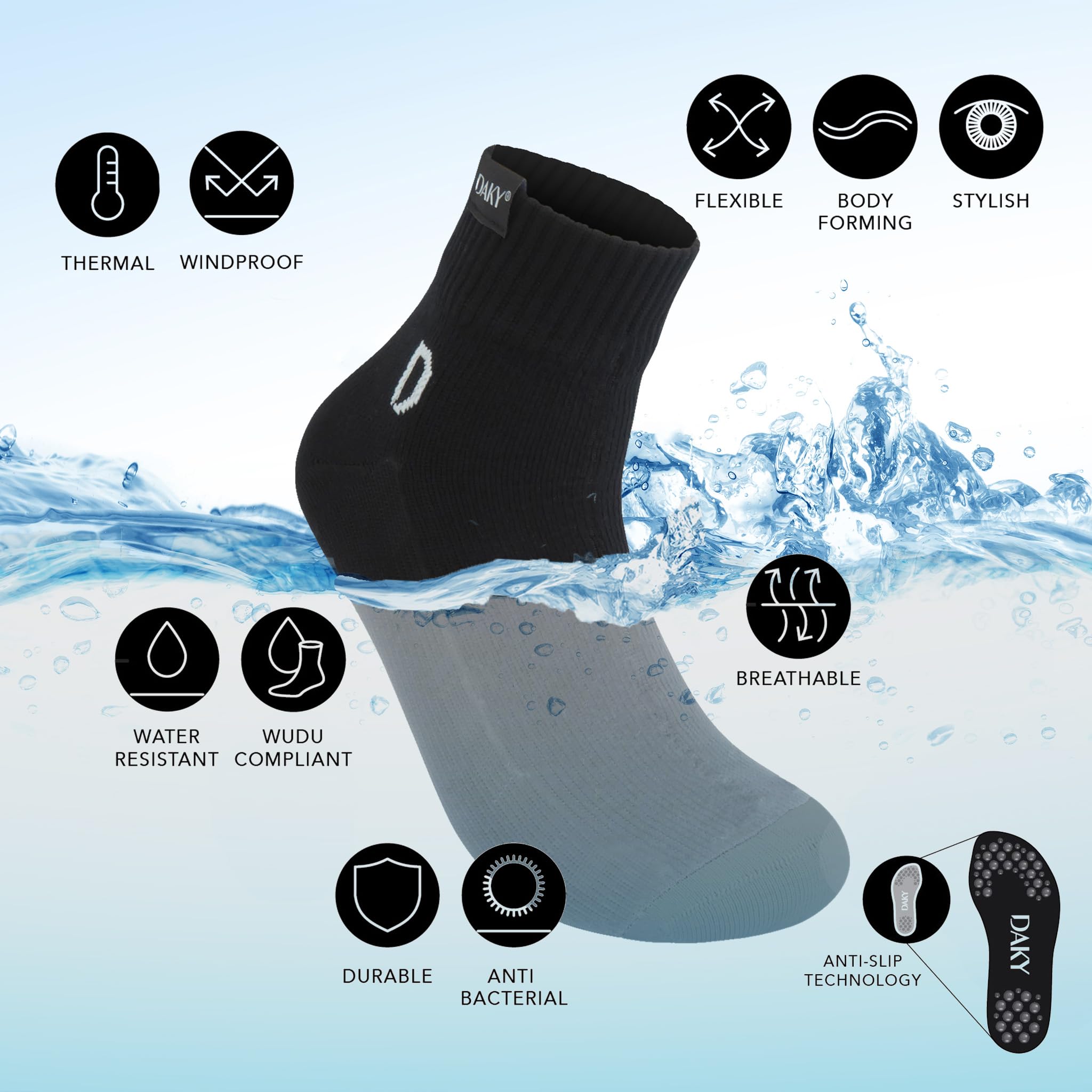 DAKY Waterproof Socks for Men Women - Breathable Black Waterproof Socks for Cyling, Golf, Camping, Running, Outdoor Socks - Over-Ankle