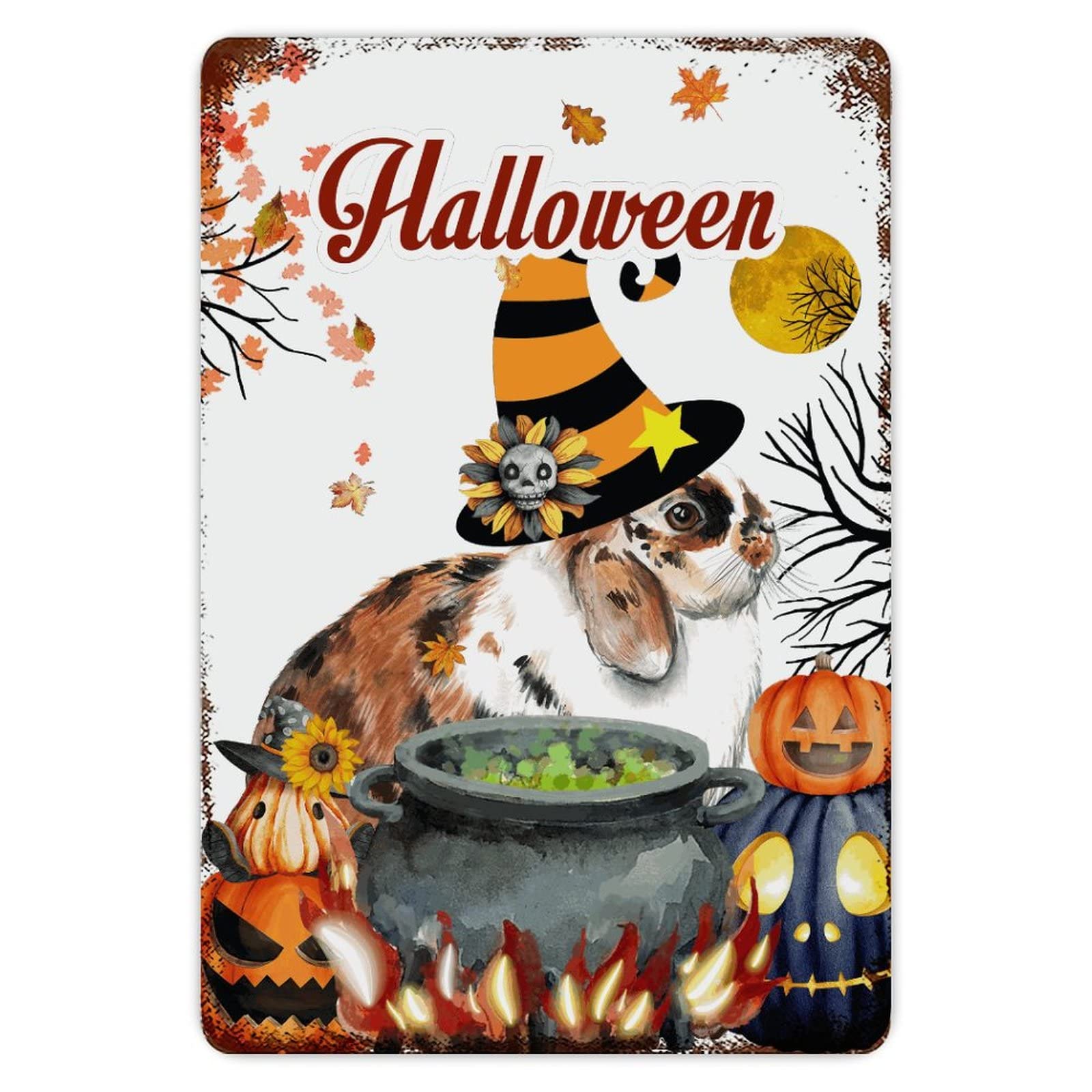 ENEDNATE Farmhouse Man Cave Metal Sign Trick Or Treat Halloween Pumpkin Rabbit Retro Aluminum Tin Metal Signs for Indoor & Outdoor Yard Office Kitchen Living Room Door Home Décor 8x12 Inch