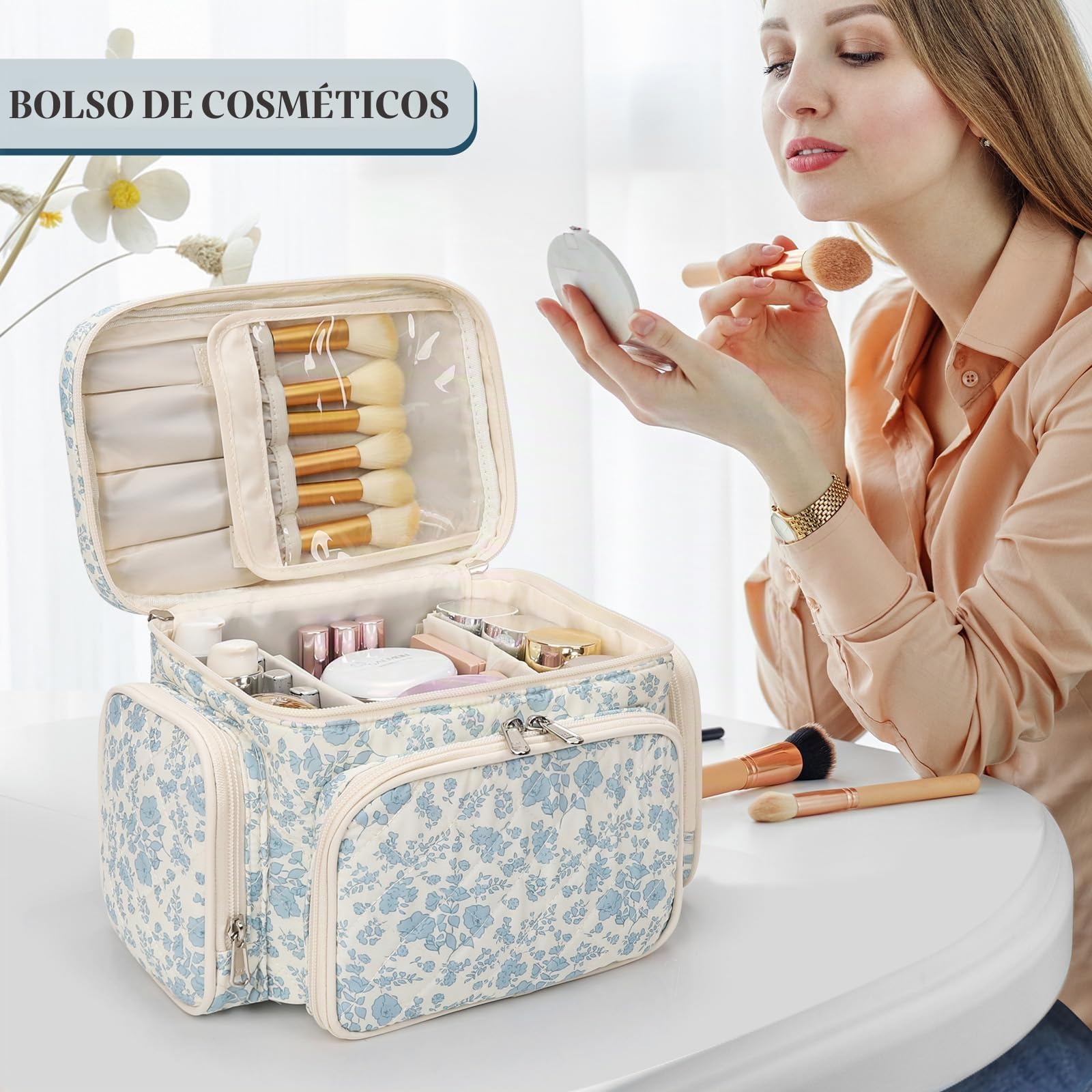 Neceser grande de viaje, bolsa de maquillaje para mujer, bolsa de maquillaje con soporte para pinceles, organizador portátil, azul flores, Neceser grande
