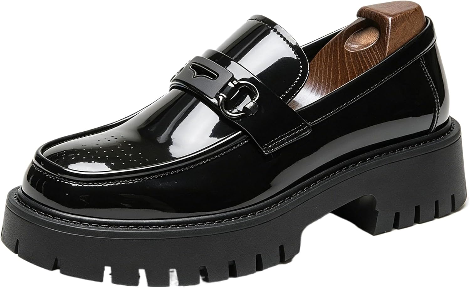 Men's Patent Leather Platform Penny Loafers Classic Slip-on Lug Sole Business Dress Shoes with Metal Horsebit Detail Daily Non-Slip Shock Absorbing Casual Shoes