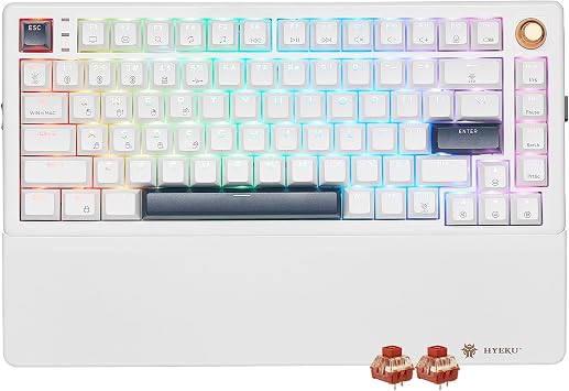 Wireless Mechanical Keyboard with Knob & Wrist Rest, Hot Swap Gasket Custom Structure, Creamy Pre-lubed Tactile Switches, RGB Backlit, Bluetooth/Type-C/2.4G Gaming Keyboard for Win/Mac White