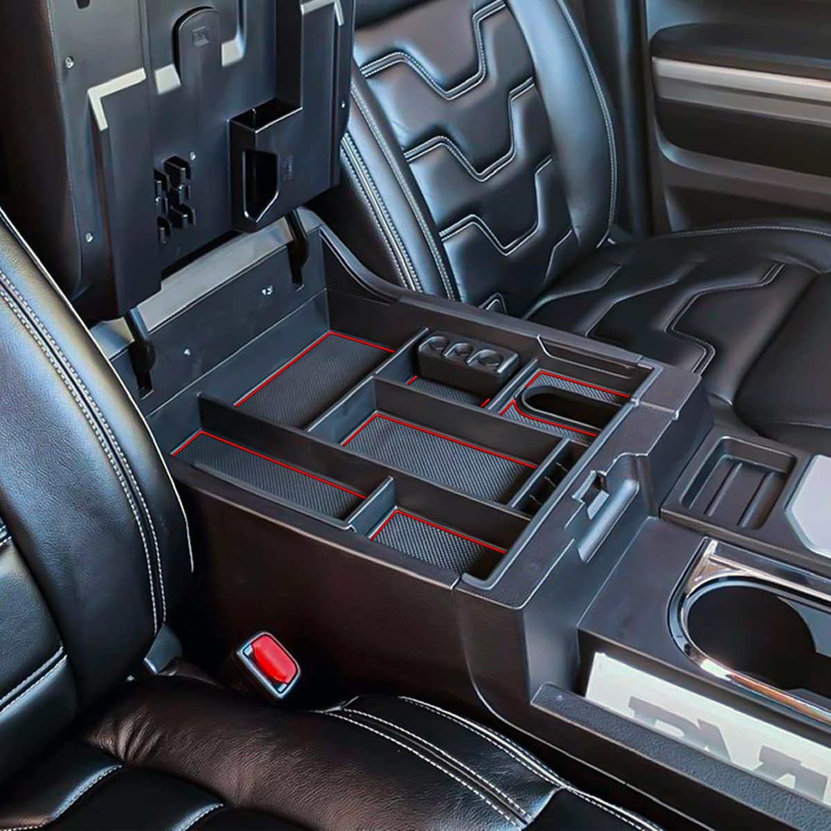 Condition photo showing New/Like New for edbetos center console tray organizer compatible with toyota tundra 2014 2015 2016 2017 2018 2019 2020 2021 accessories, armrest secondary storage box (red trim)