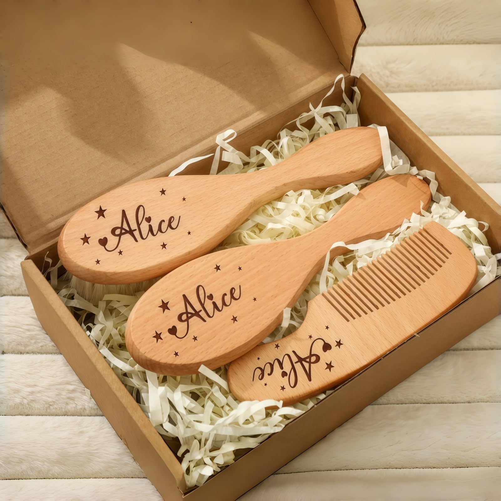3 Pcs Personalised Baby Wooden Hairbrush Set, Custom Engraved Name Brush and Comb, Baby Shower, Newborn Gift, New Parents