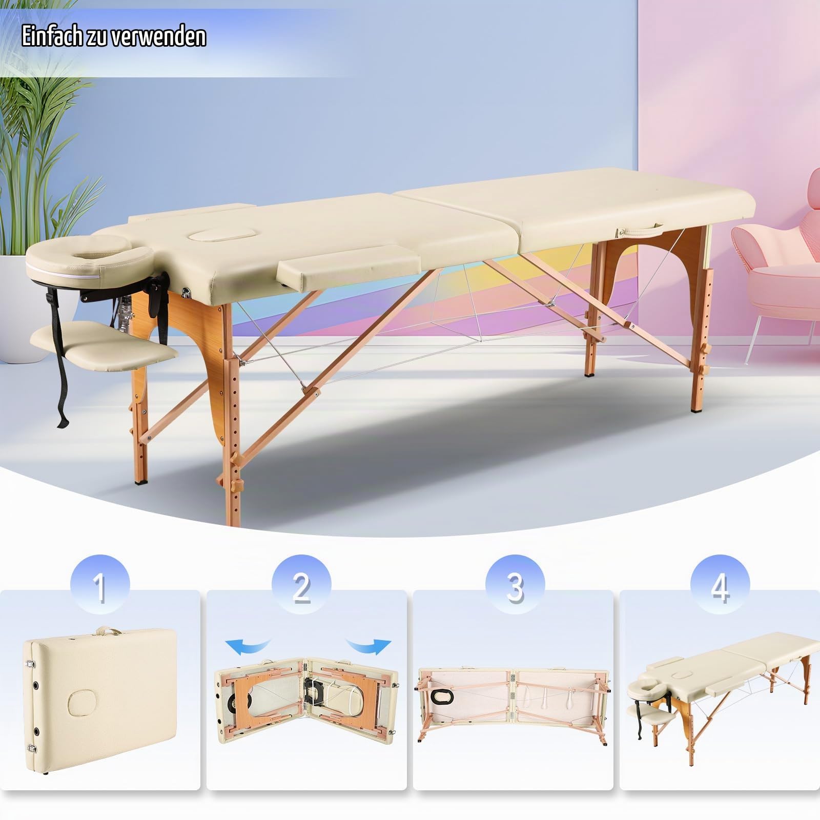 BODIOO Massageliege Mobile Massagetisch mit Holzfüßen 2-Zonen höhenverstellbar Tragebares Massagebett inkl. Kopfstütze & Armlehnen 213 × 60 x 88 cm bis 250 kg Belastbar-Cremefarben