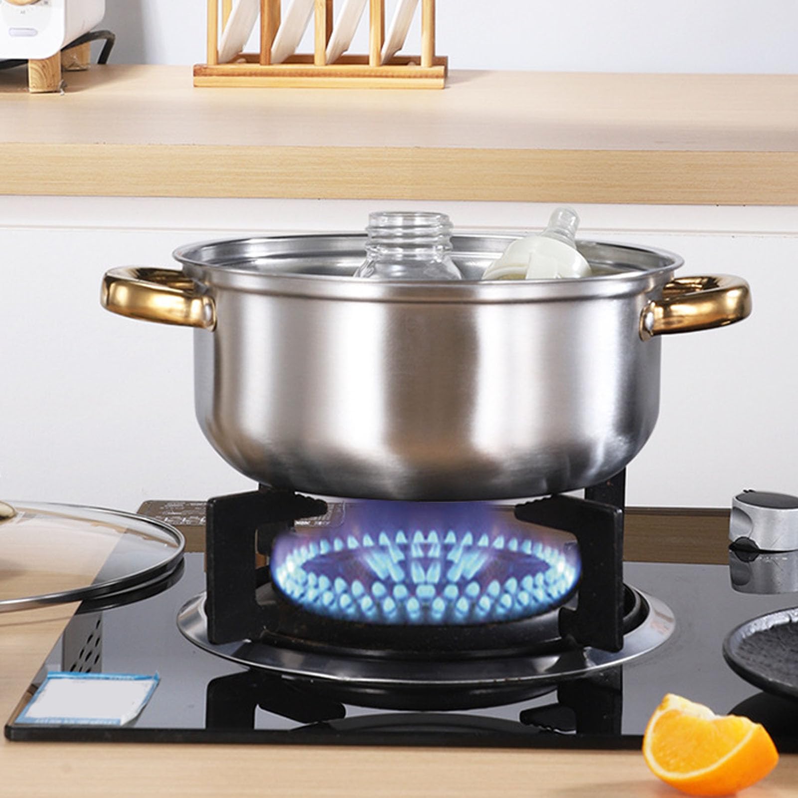 Juego de utensilios de cocina ergonómicos de acero inoxidable con asas doradas, ollas y sartenes multifuncionales con tapas de cristal, ideal para cocina
