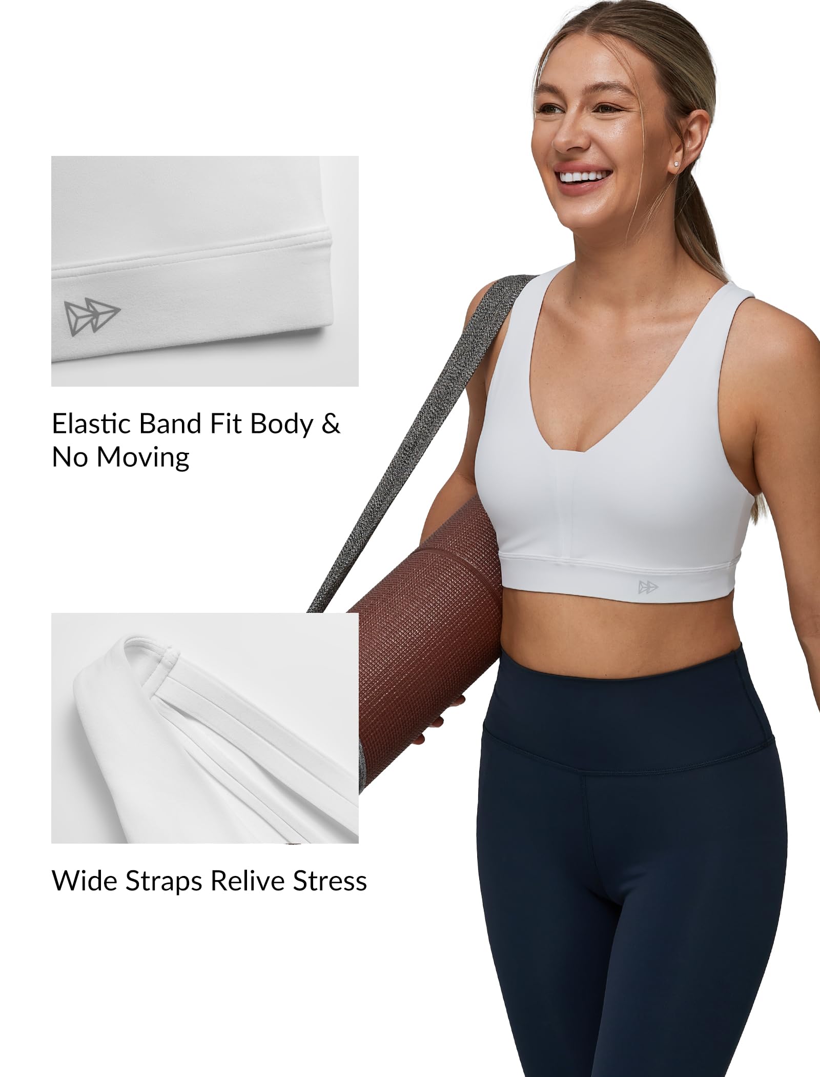Yvette Sujetador deportivo de yoga con cuello en V y espalda cruzada para mujer, tirantes anchos, soporte ligero, acolchado extraíble, camiseta sin mangas para entrenamiento