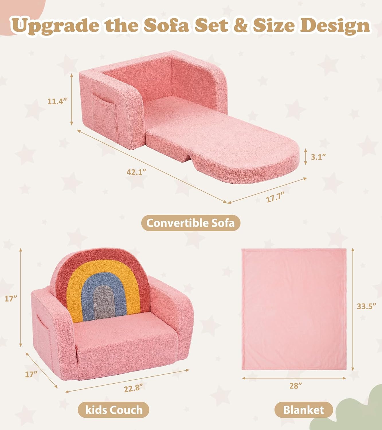 Kids Couch, 2-in-1 Soft Toddler Couch Fold Out with Blanket, Comfy Toddler Chair, Convertible Sofa, Gifts for Kids Girl Boys, Medium Colorful Pink Rainbow - Image 3