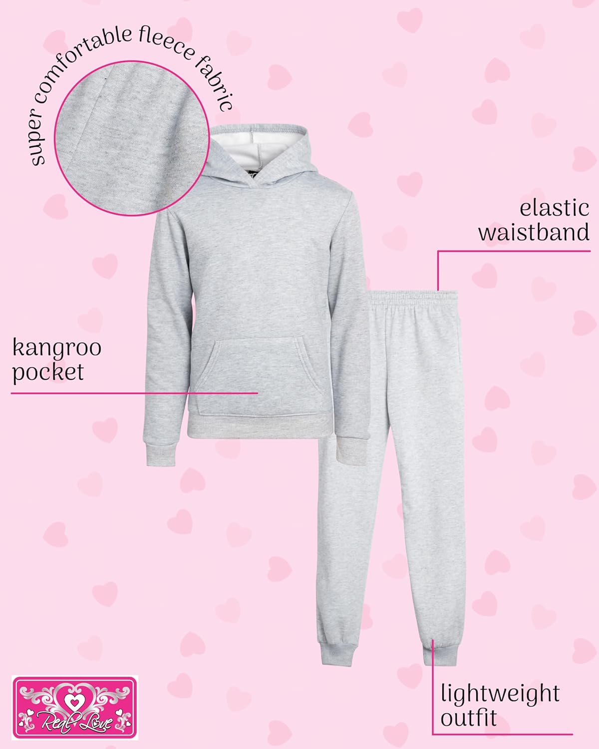 Real Love Girls Pants Set - 2 Piece Fleece Girls Sweatpants and Hooded Pullover Sweatshirt Youth Kids Activewear Set (7-16) - Image 2