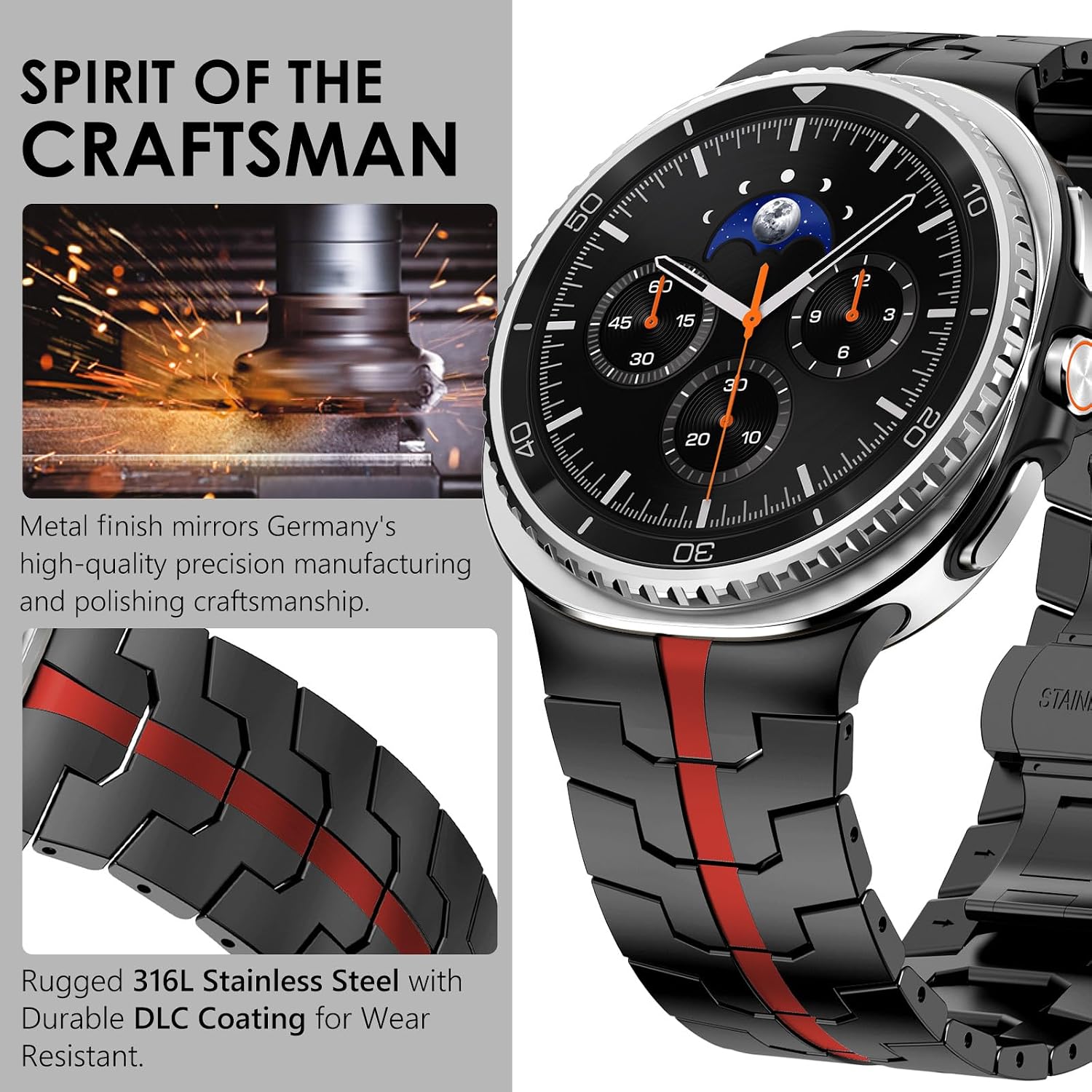 WINGLE Metal Bands for Galaxy Watch 8/8 Classic Band Samsung Galaxy Watch 8 Band 44mm 40mm 46mm Men Rugged Durable Armor Stainless Steel Strap Classy Elegant Casual Business Link Bracelet, Black/Red