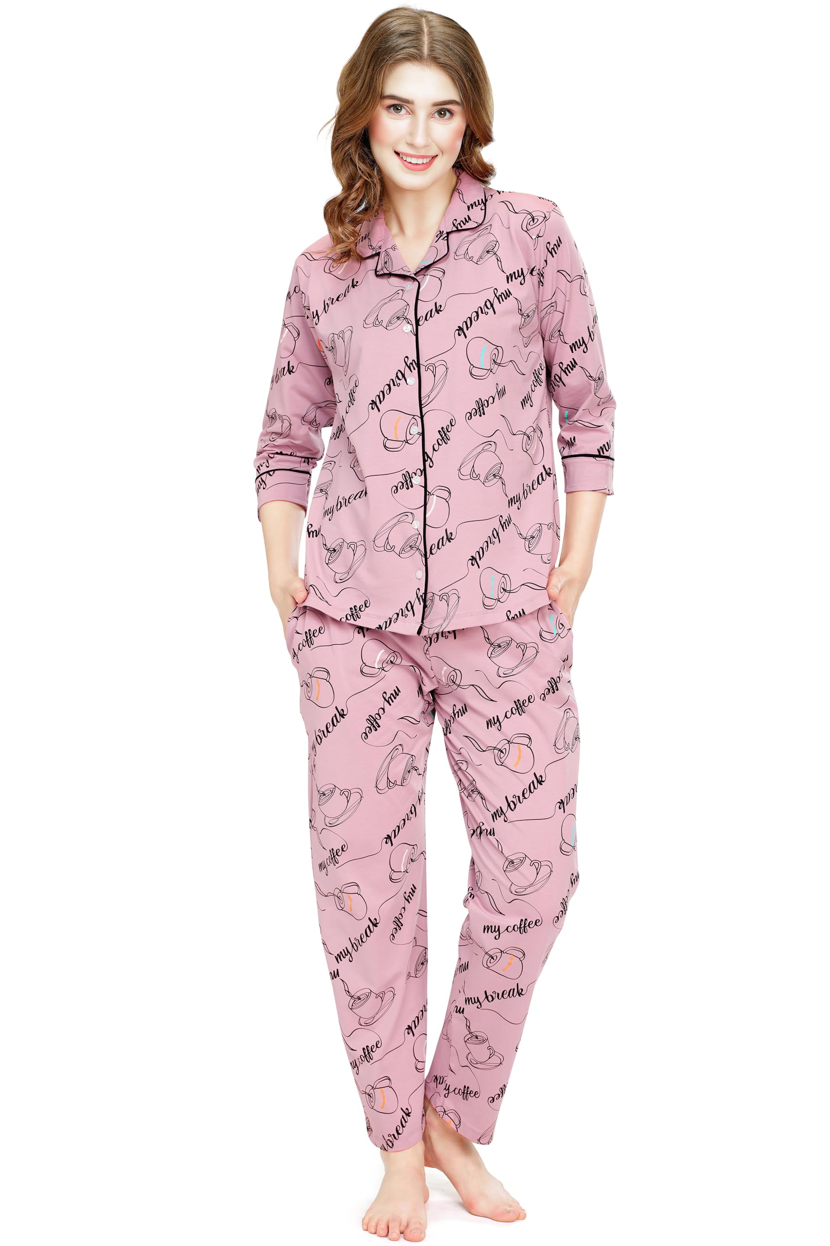 zeyo Night Suit for Women's Cup & Saucer Printed Cotton Night Dress of Shirt and Pajama Set 5757-picture-54