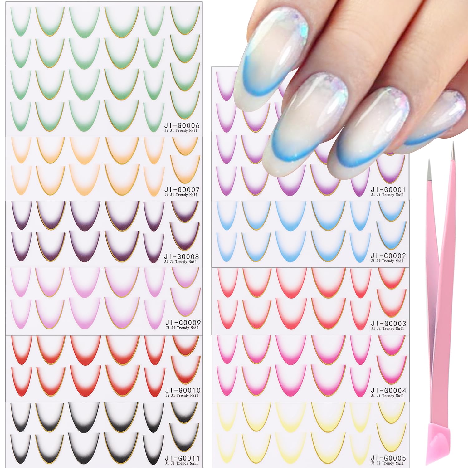 Fcozpjk French Tip Line Nail Stickers Ombre, 11 Sheets Colorful Smile Lines French Stickers for Nails 3D Self Adhesive French Tip Guides Nail Decals