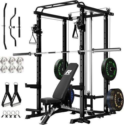 RitFit Multi-Function Garage & Home Gym Package Includes 1200LBS Power Cage PPC03/P3 with Cable Crossover System, Weight Bench, Olympic Barbell