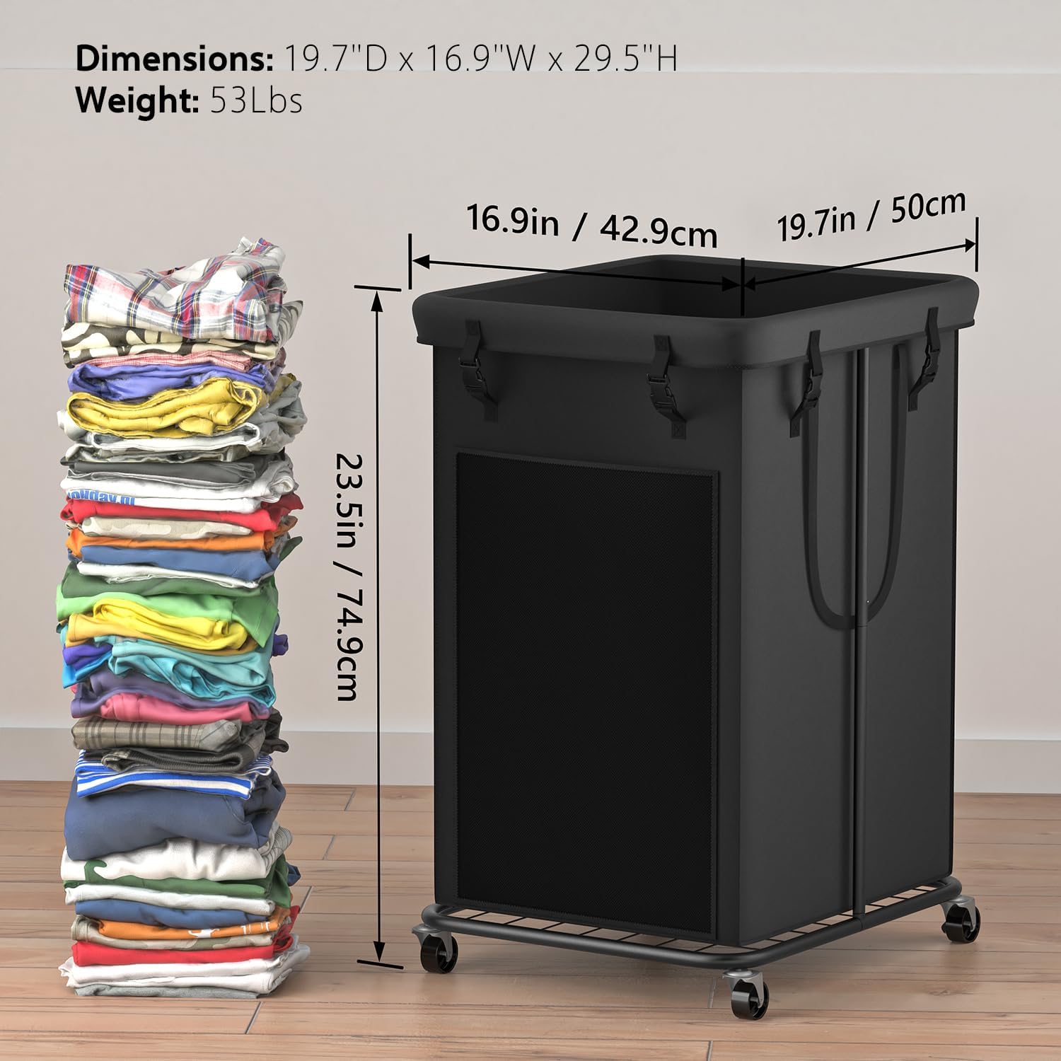 großer Wäschekorb, Wäschekorb Kleiderkorb, Metallrahmen und abnehmbare Taschen Design mit Rädern, geeignet für Schlafzimmer, Bad, Schlafsaal (Schwarz)