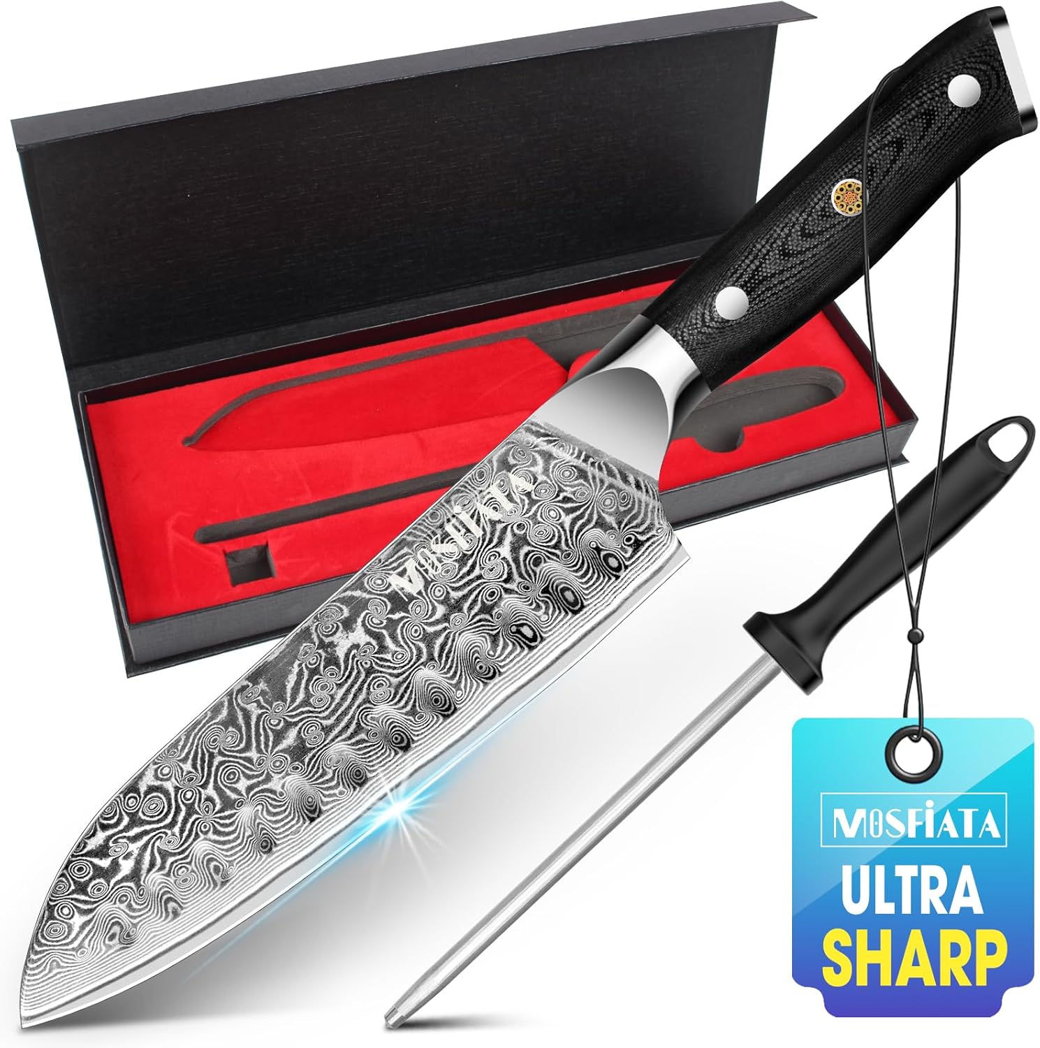 MOSFiATA Chef Knife,Kitchen Knife Santoku Chef's Knife 7 inch Multifunction Kitchen Knives Damascus Steel VG-10 Blade,Knife Sharpener Rod Gift Box