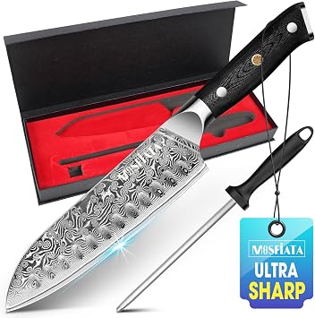 MOSFiATA Chef Knife,Kitchen Knife Santoku Chefs Knife 7 inch Multifunction Kitchen Knives Damascus Steel VG-10 Blade,Knife Sharpener Rod Gift Box