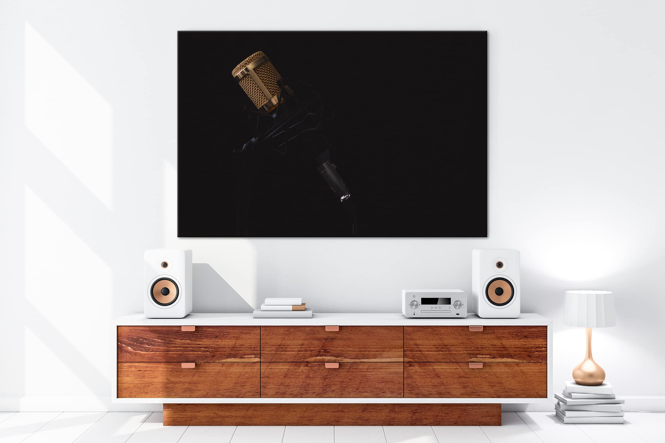 Leinwandbild Mikrofon im dunklen Studio – Magie des Sounds Format: 120x80 cm XXL Kunstdruck Bild auf Keilrahmen/Wandbild/Wohnzimmer Deko