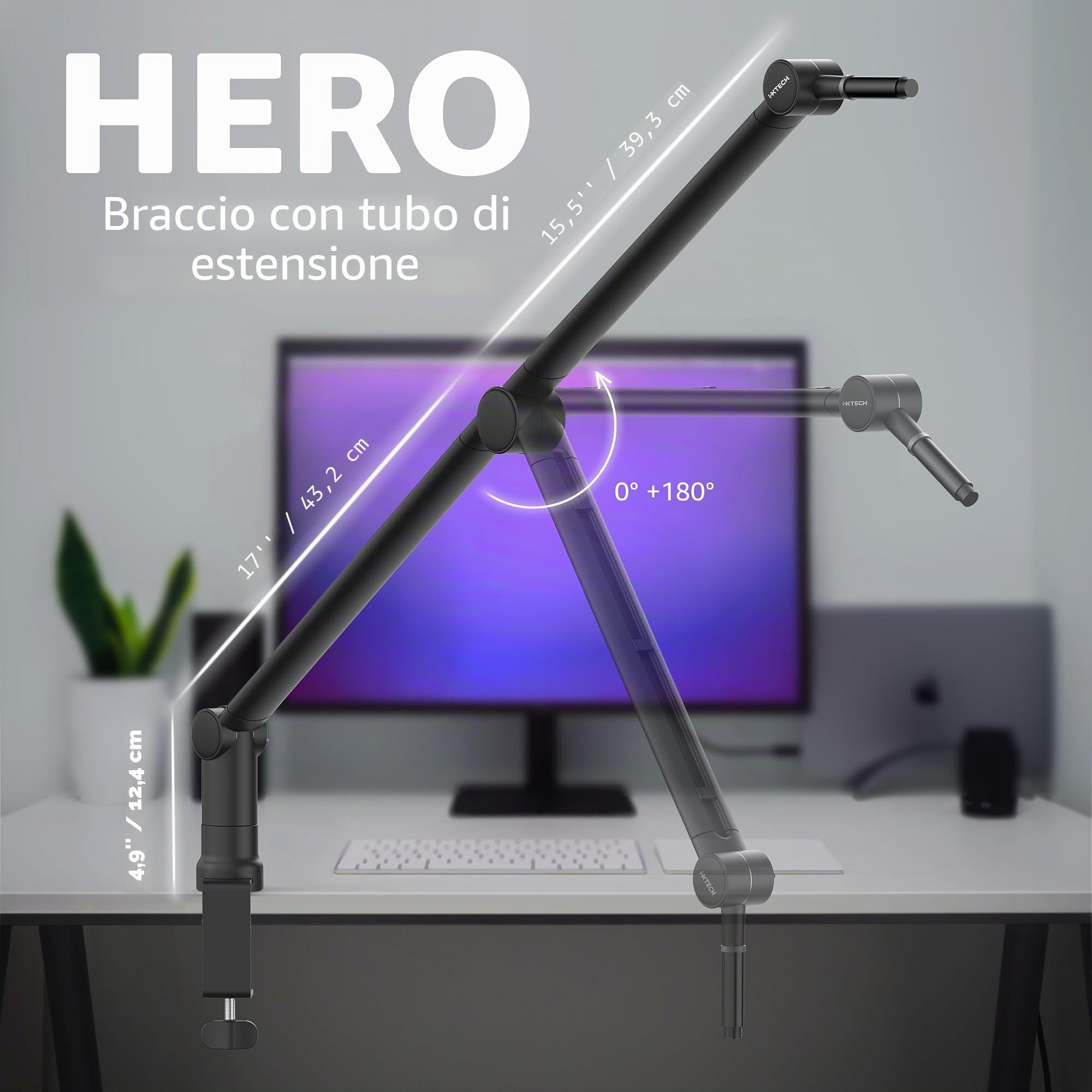 IXTECH Asta per microfono con tubo di estensione, braccio per microfono per Shure SM7B MV7 Blue Yeti robusto in acciaio inox, supporto da scrivania, braccio pieghevole a forbice, supporto per