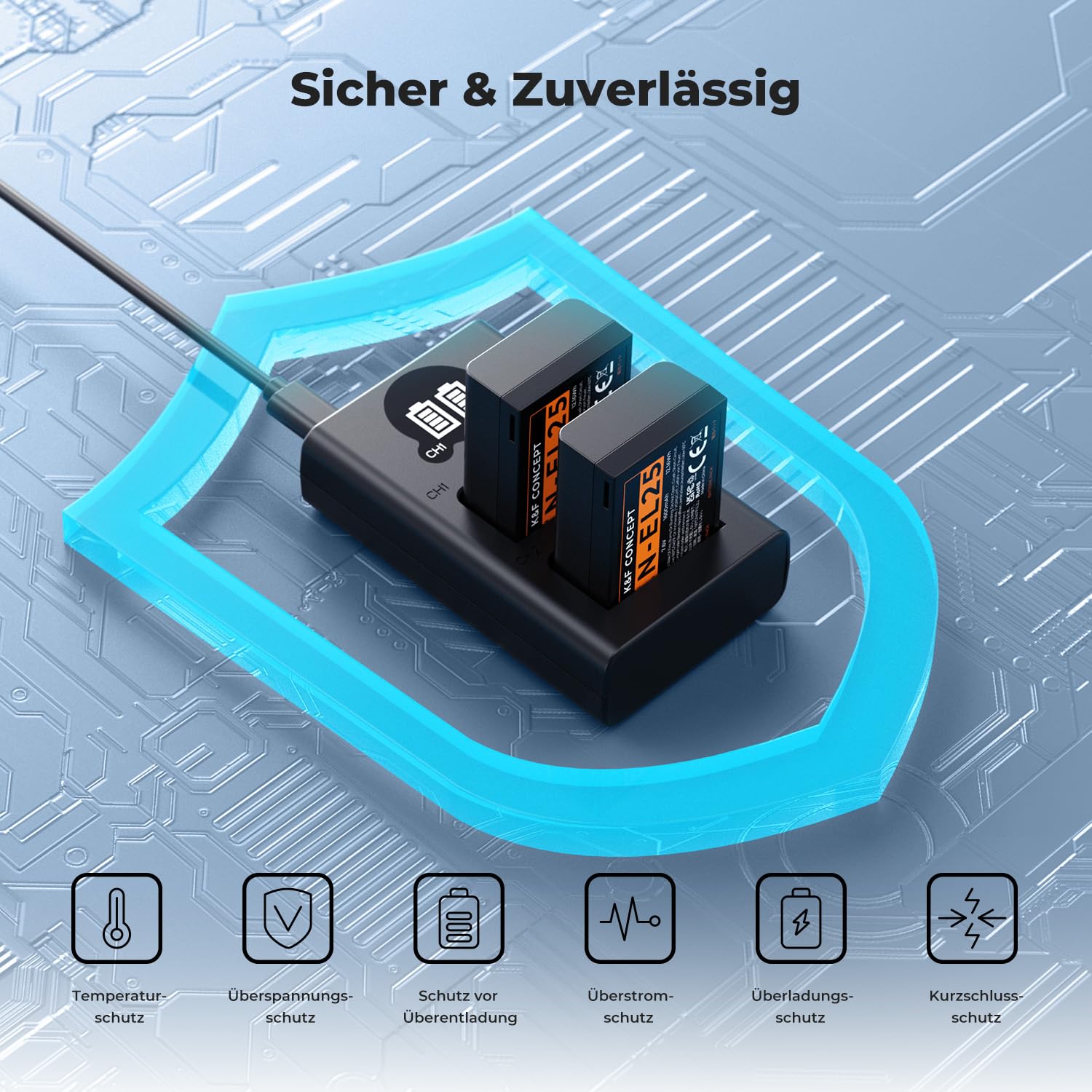K&F CONCEPT EN-EL25 Ersatzakku 2er-Pack mit LCD Dual Slot Ladegerät, Kompatibel mit Nikon Z30 Z50 ZFC Z50ii Kameras