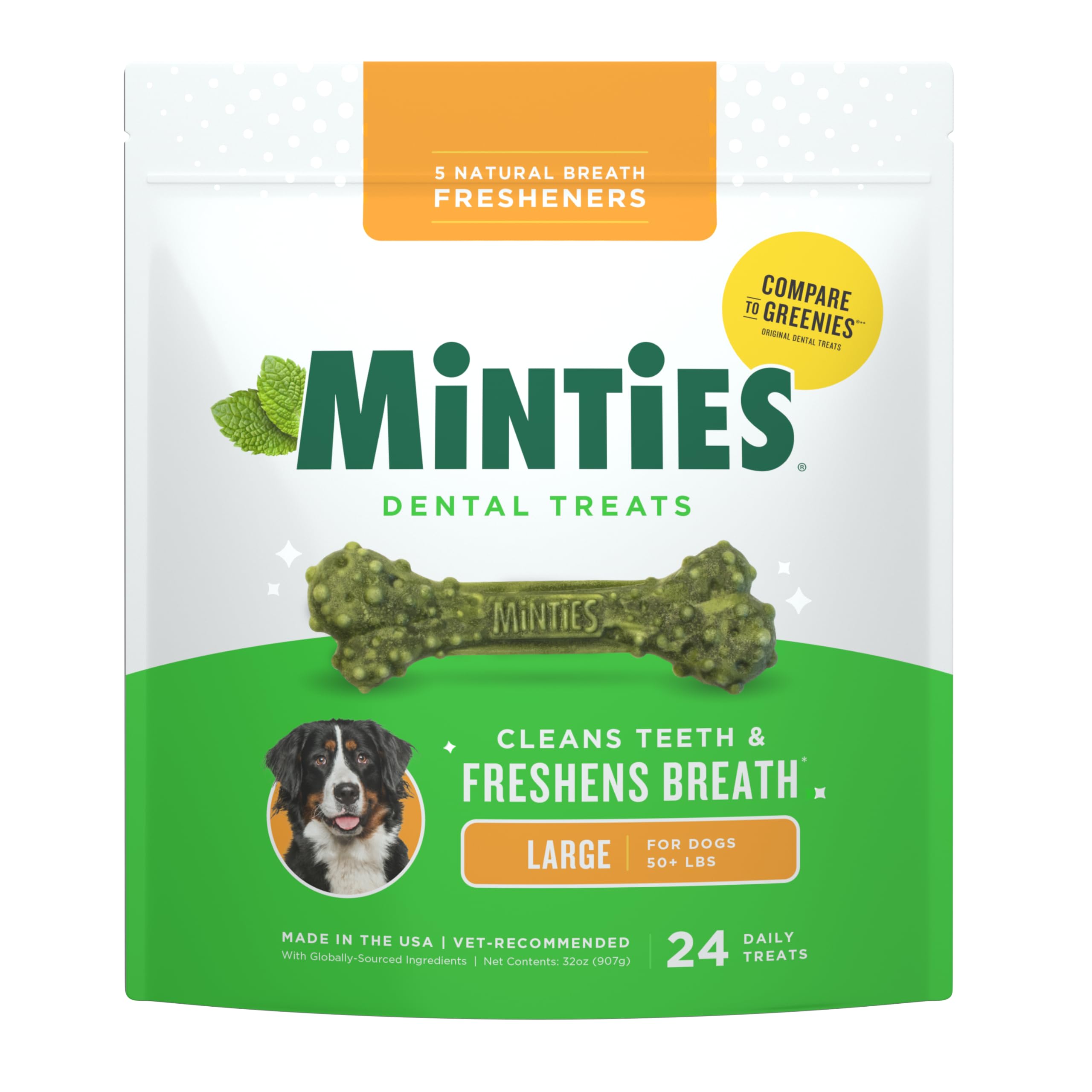 Minties Dental Chews for Dogs, 24 Count, Vet-Recommended Mint-Flavored Treats for Large Dogs Over 50 lbs, Dental Bones Clean Teeth, Fight Bad Breath, and Removes Plaque and Tartar