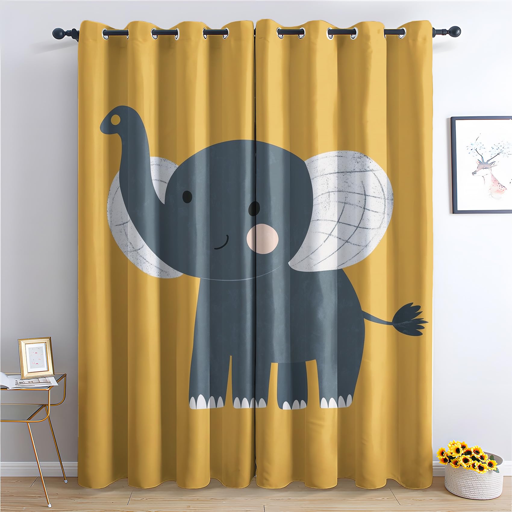 Luxfieo Elephant Blackout Curtains for Living Room Bedroom - 72 Inch Drop Curtains 46x72, Kids Cute Cartoon Animal Patterned Window Treatments, Thermal Eyelet Drapes 2 Panels T#123