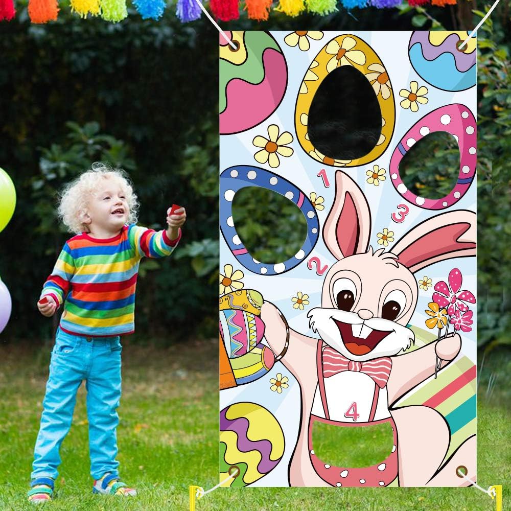 Ivenf Easter Toss Game, Eggs and Bunny Themed Banner with 4 Bean Bags, Fun Yard Game Supplies for Easter Party, Kids School Home Office Decorations