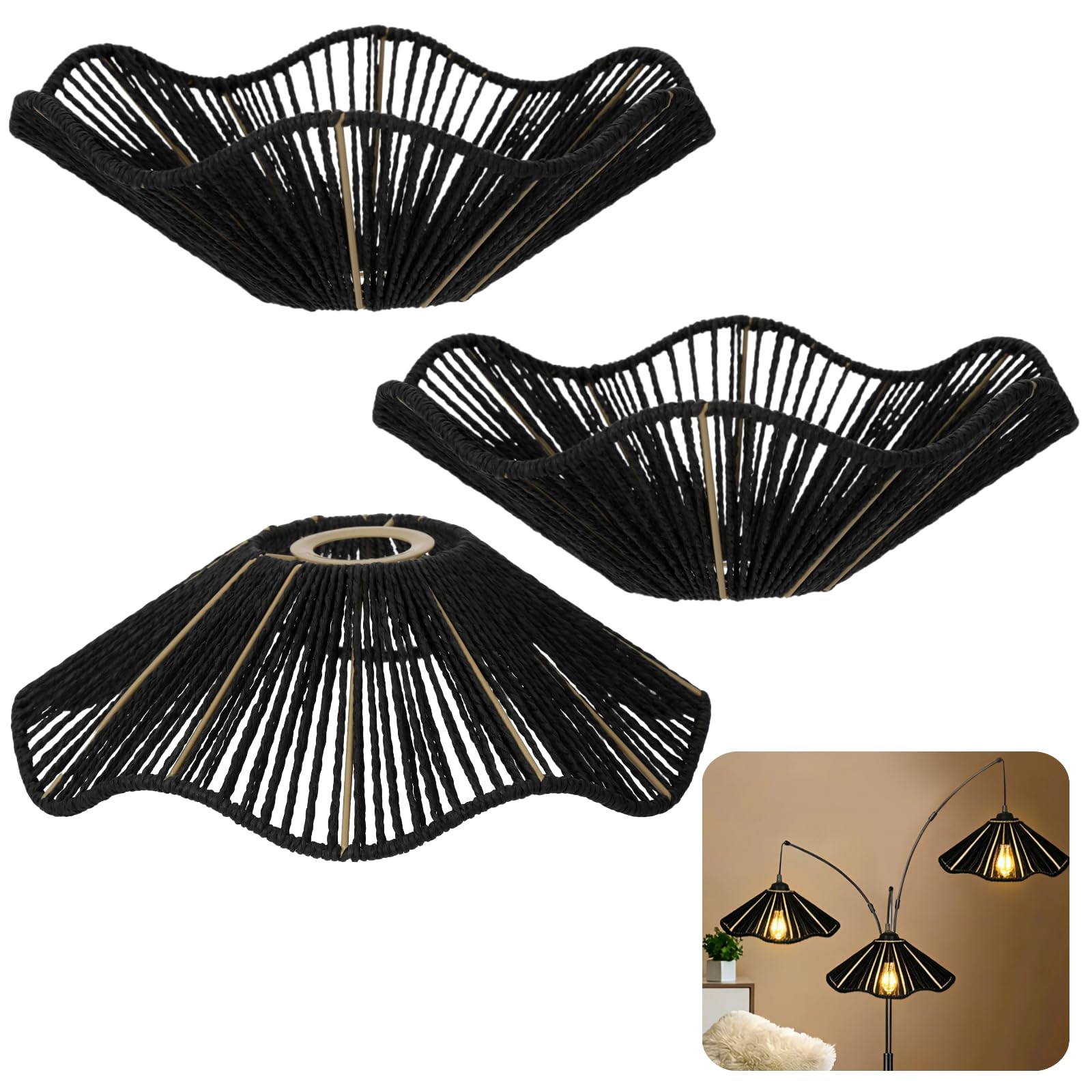 3 szt. E27 rattanowe abażury, tkane abażury świetlne w kształcie dzwonka z krawędzią, papierowa lina i metalowa rama, zamiennik w stylu boho do lamp wiszących, lamp stołowych, kinkietów ściennych