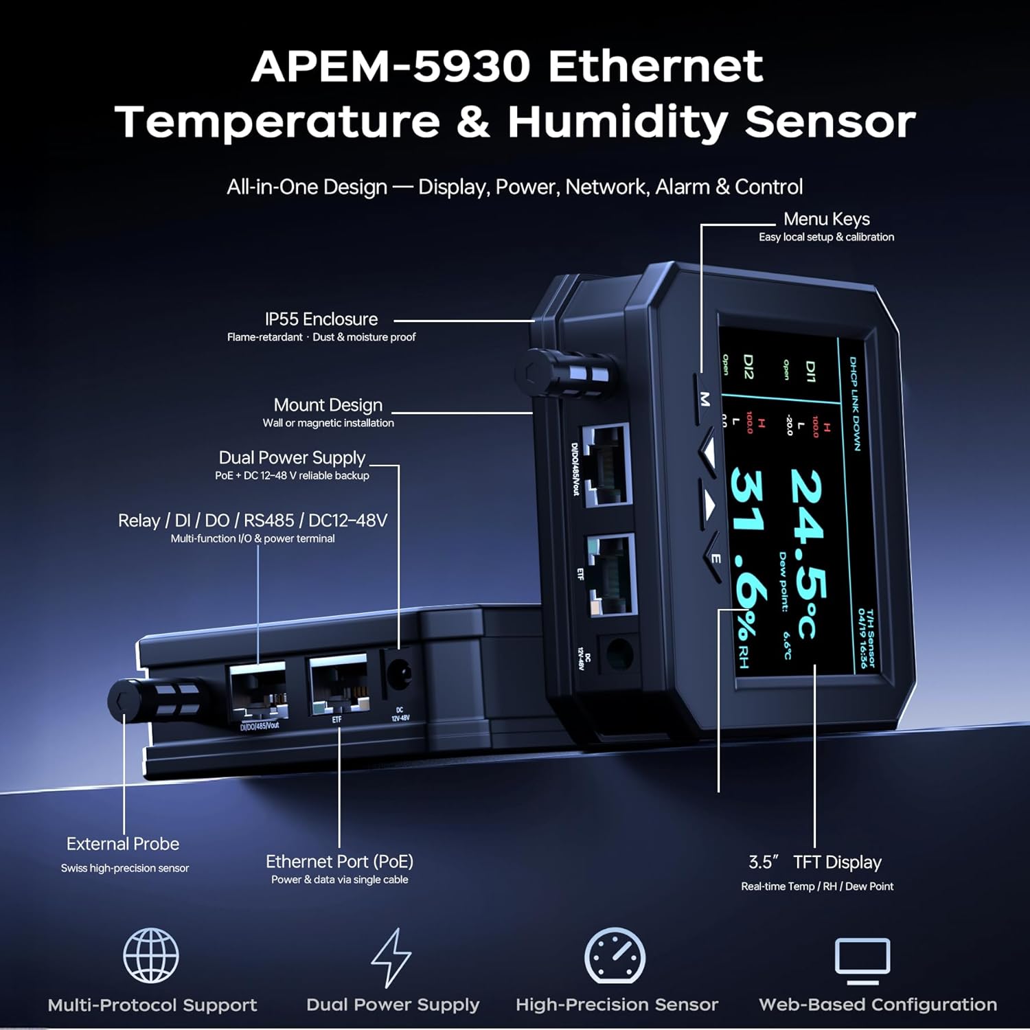 Ethernet Server Room Temperature Monitor, PoE Server Rack Temperature Humidity Sensor with Web Interface, SNMP Modbus MQTT Support, Dual Power, IP55, Data Logging, Alarm & Relay Output
