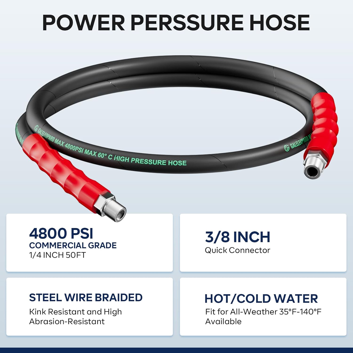 Pressure Washer Whip Hose Reel Connector 10FT, 3/8'' Steel Wire Braided Hose for Power Washer, Suitable for Hot and Cold Water, 4800 PSI