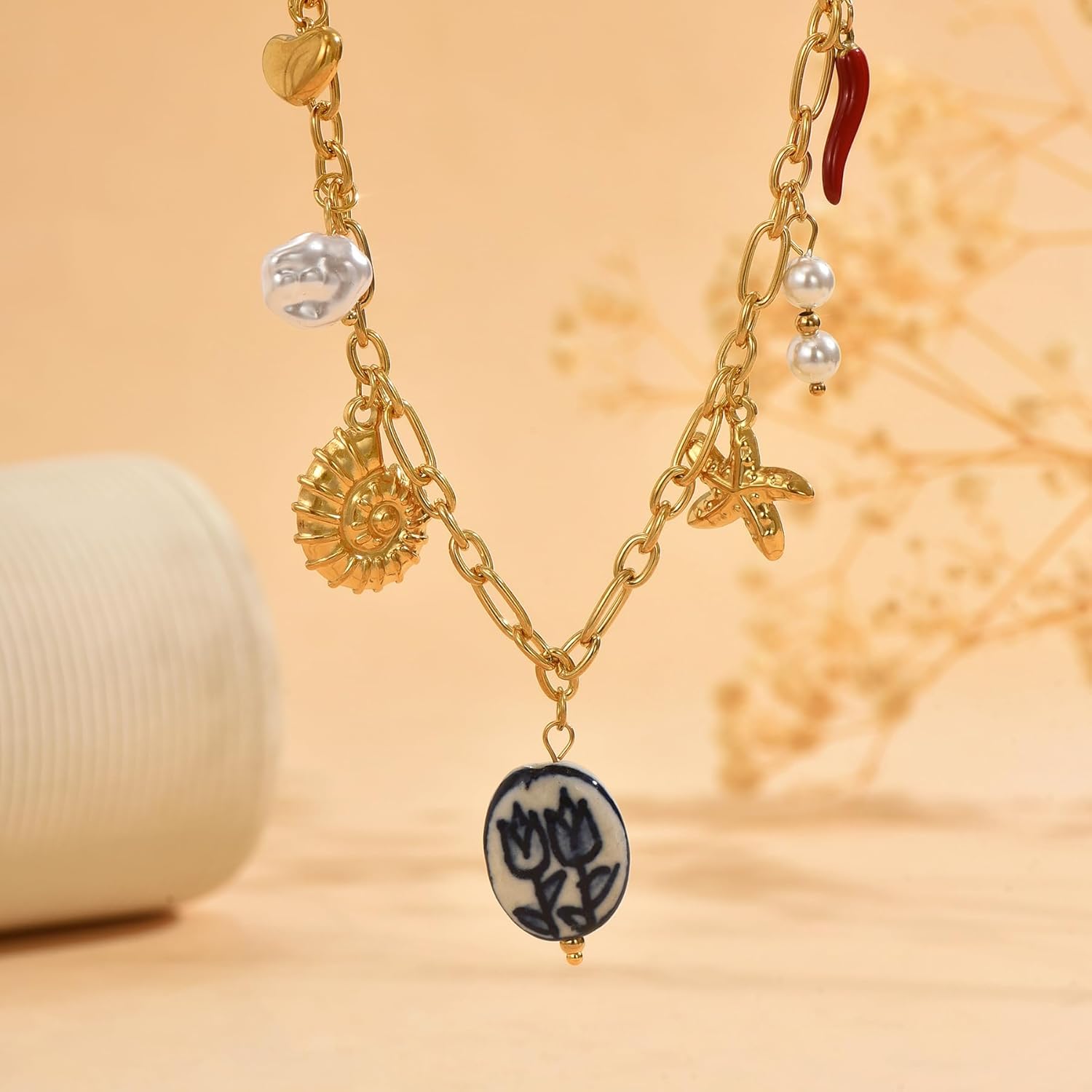 Sea Shell Starfish Necklace for Women 18K Gold Plated Paperclip Chain Conch Pearl Charm Necklace Stainless Steel Summer Beach Jewelry Christmas Gifts - Image 6