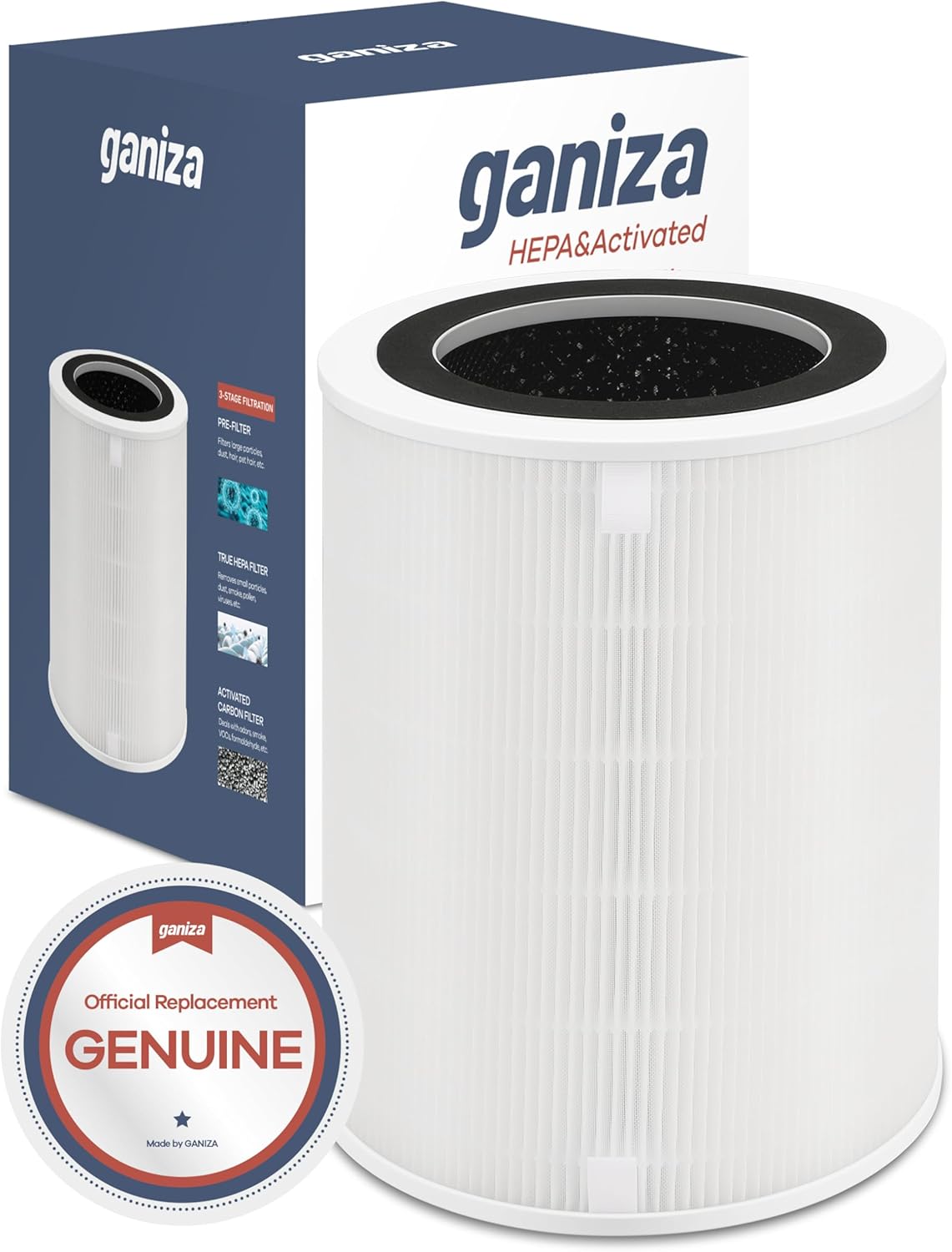 Ganiza G300S Air Purifier Replacement Filter, Official Filter, 3-in-1 True H13 HEPA and Activated Carbon Filter Removes 99.97% of Pet Dander, Hair, Pollen, Smoke, Odor, Dust Mite, and More Particles White