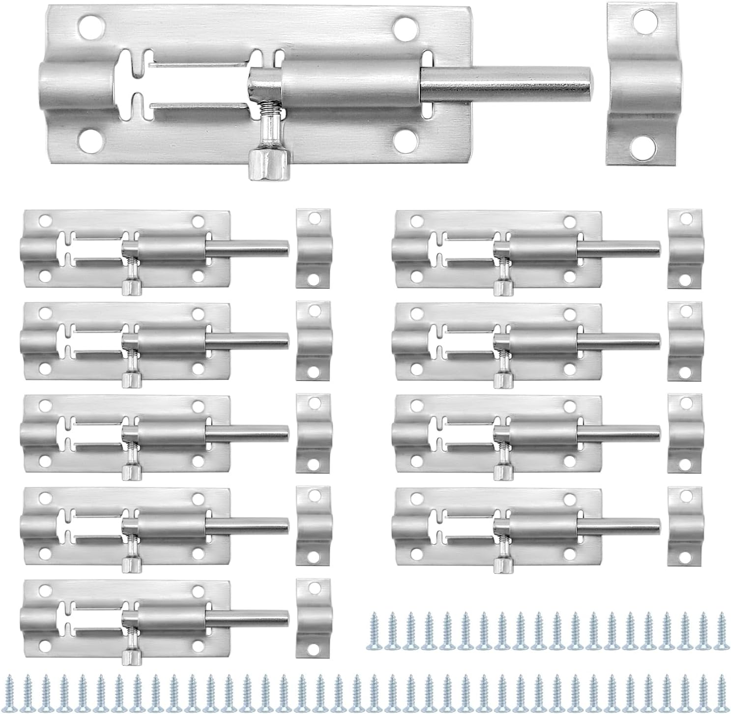 QWORK Heavy Duty Door Latch Lock - 10 Pack 3-Inch Thickened Stainless Steel Barrel Bolts for Enhanced Security and Privacy - Easy Install Locks for Doors, Windows, Cabinets - Mounting Screws Included