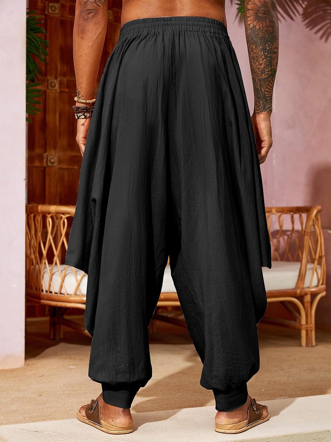 PASLTER Mens Harem Pants Linen Yoga Beach Baggy Summer Boho Aladdin Genie Pants - Image 3