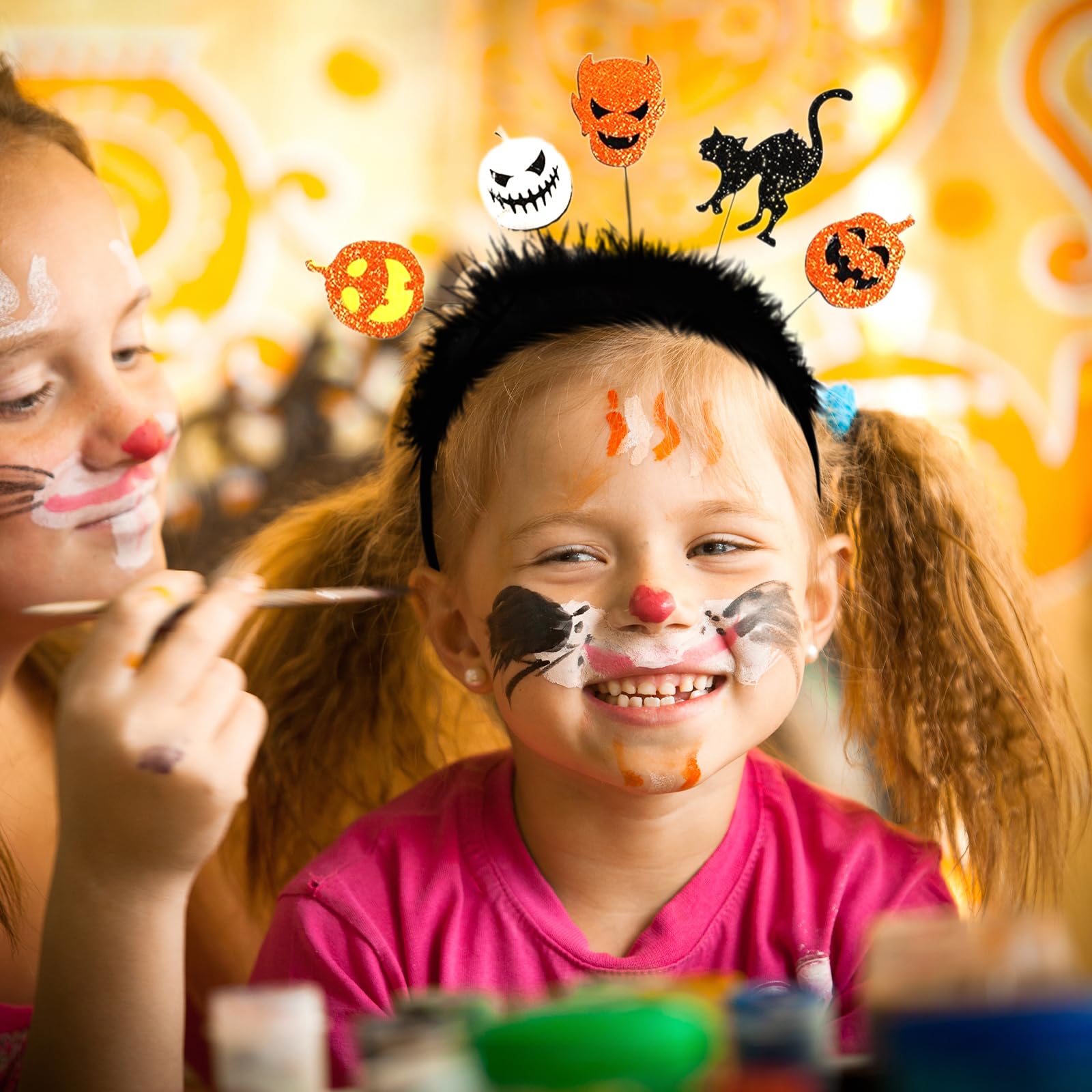 YAUOIPI 2 Pcs Halloween Headbands for Kids Glitter Pumpkin Witch Ghost Cat Hair Bands for Halloween Cosplay Party Masquerade Fancy Dress Carnival Accessories (Black) - Image 4