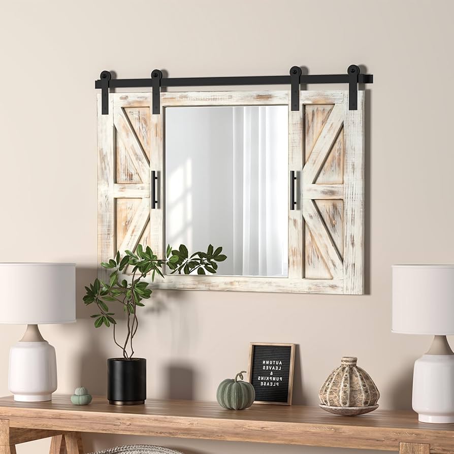 COGOOD Farmhouse Barn Door Mirror - 21 X 30 Rustic Wood Framed Wall Mirror For Bathroom, Living Room, Entryway Wall Decor (Brown