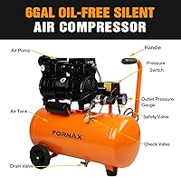 Vista 2 de FORNAX Portable Air Compressor 6.4 Gallon, 1 HP 2.2CFM@ 90 PSI Oil Free Air Compressor, Max Pressure 125 PSI, 65 dB Quiet Compressor for Auto