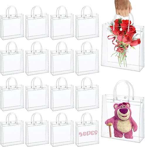 Miniatura 1 de Oungy Paquete de 50 bolsas de regalo de PVC transparente de 6.3 x 5.9 x 2.8 pulgadas con asas, bolsas de regalo pequeñas de plástico transparente