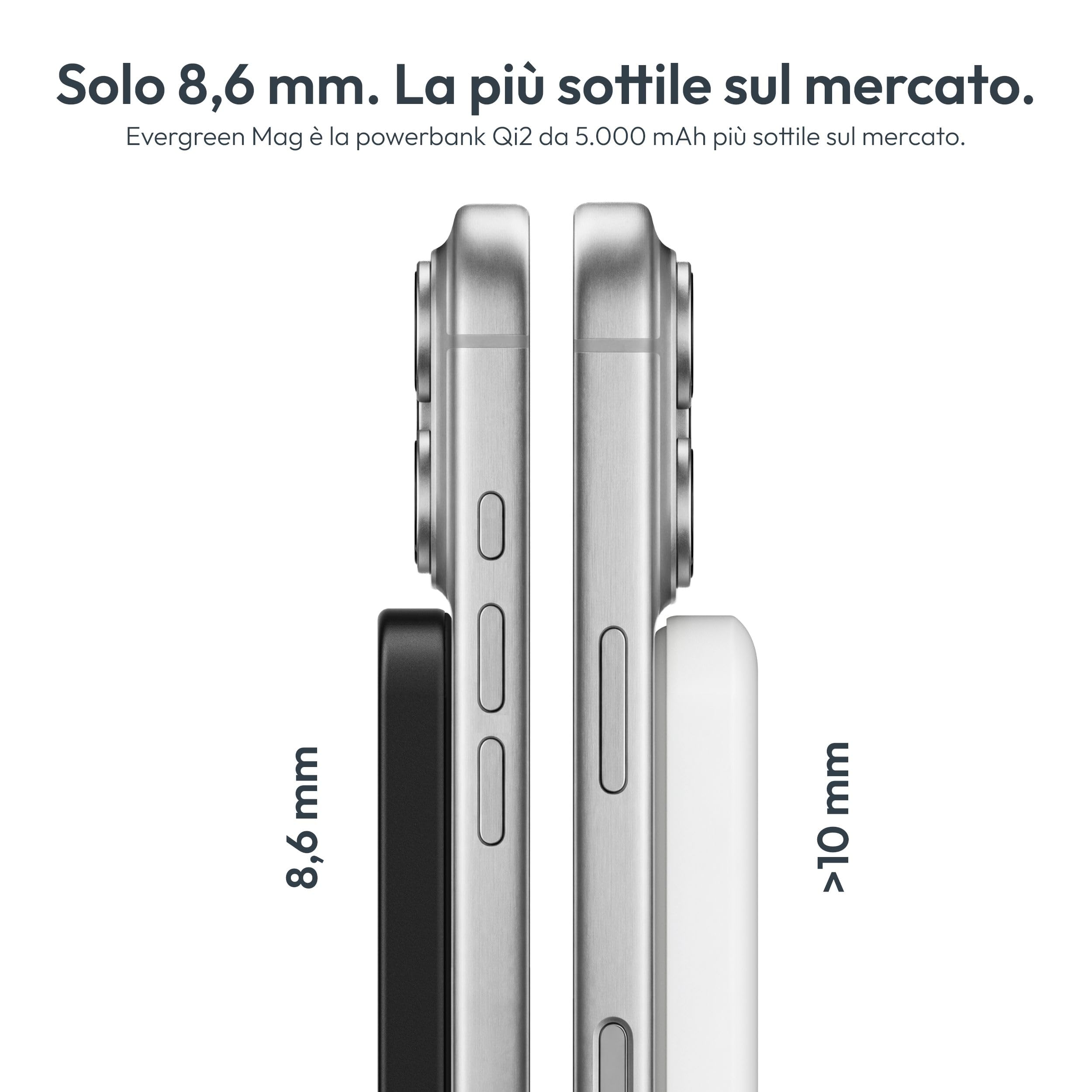 Vonmählen Evergreen Mag - Powerbank Magnetica Ultra-Sottile da 5000mAh, Ricarica Veloce Wireless e USB-C PD, QI2 Certificata - Nero