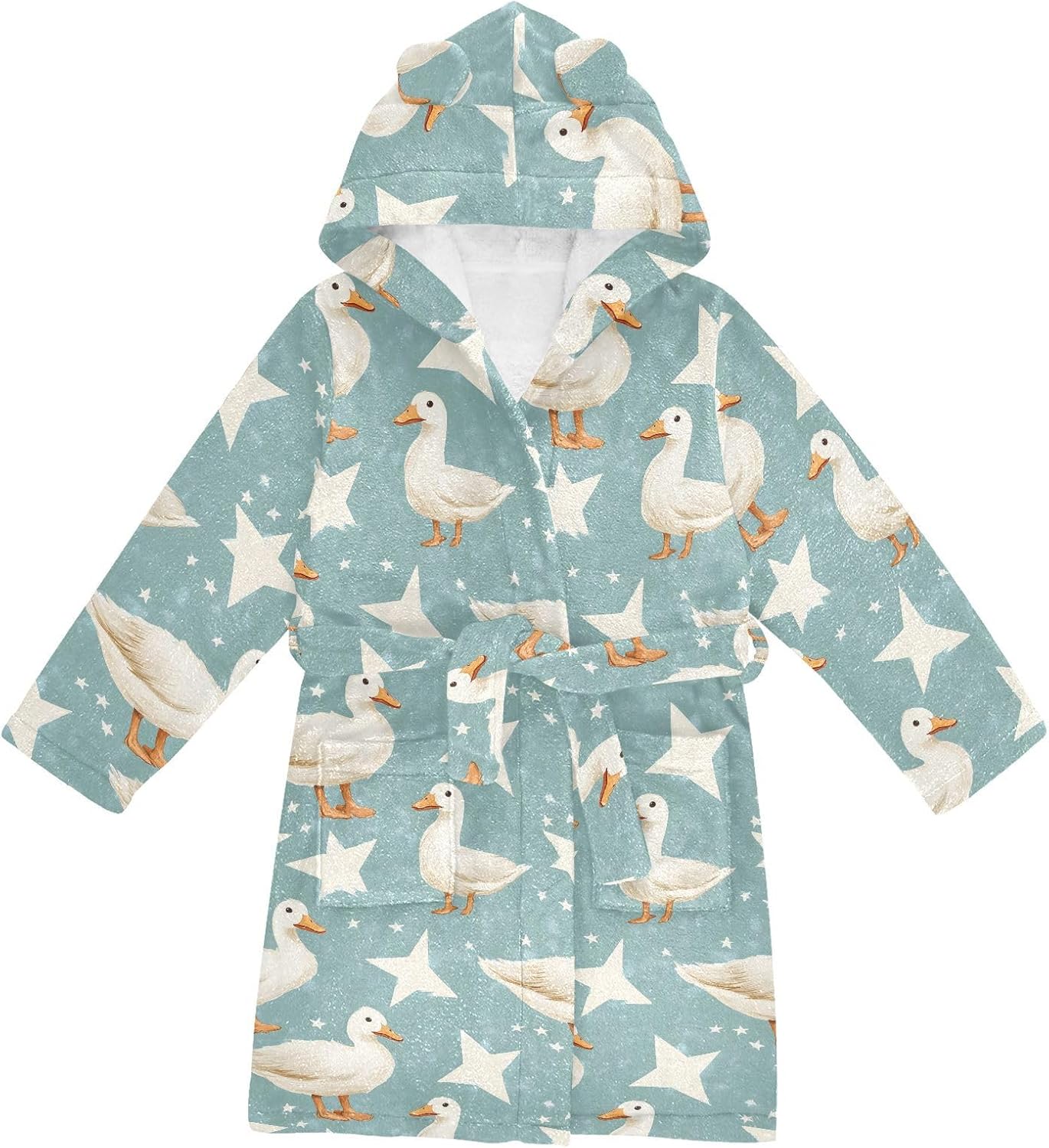 senya White Duck with Star Toddler Hooded Bathrobe Kids Soft Plush Bath Towel Robes for Boys Girls 2-12 Years