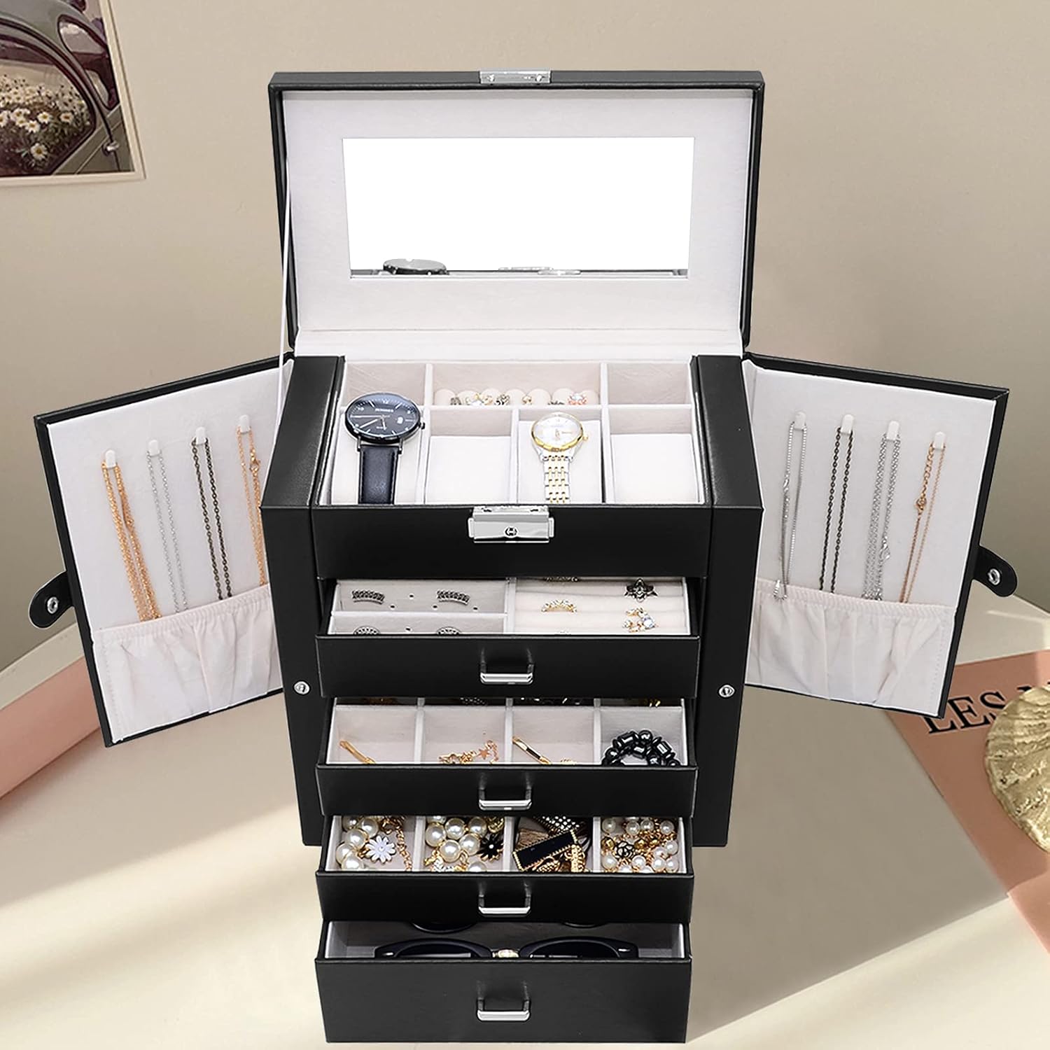 Uр Tо 40% оƒƒ OUUTMEE Artificial ​Leather Jewelry box Organizer for Women Girls, 4-layer Jewel Cabinet Gift Case Mirrored Watch Organizer Necklace Ring Earring Storage (black)