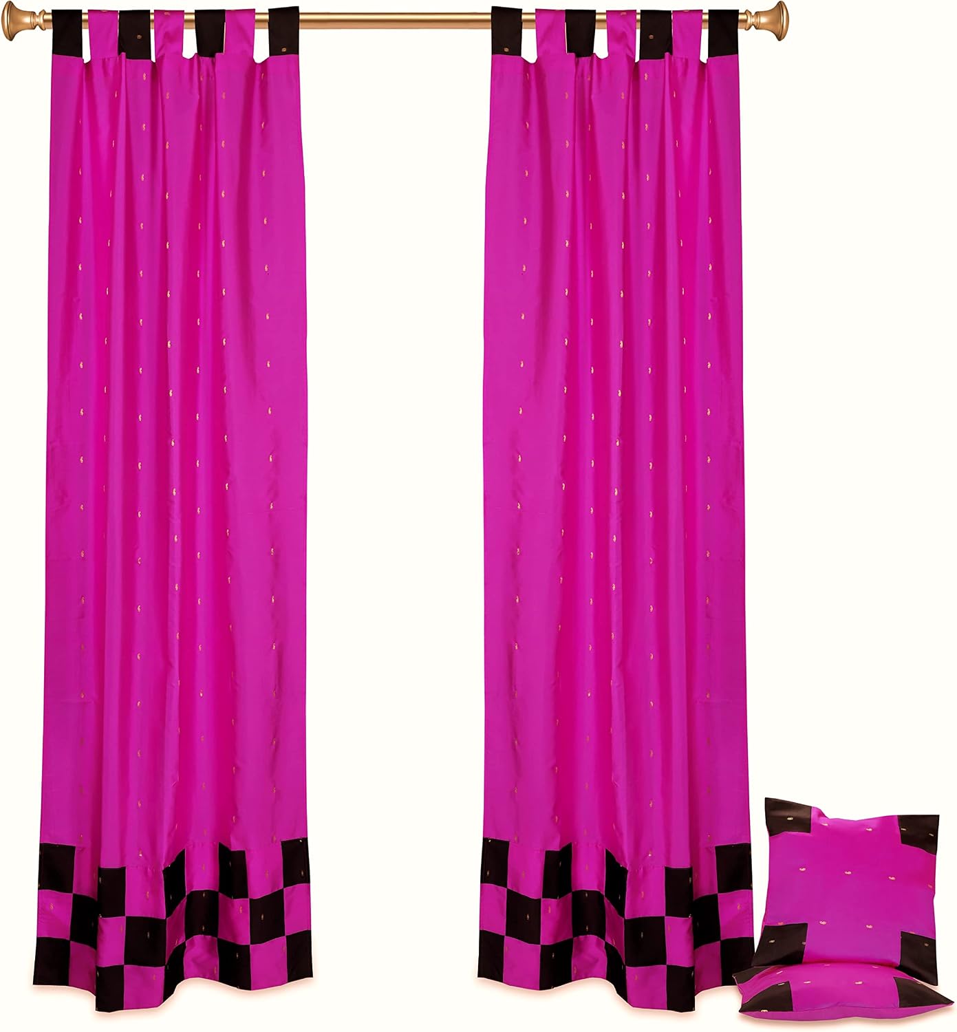 4 Pc Set of Indian Curtains - Boho Curtains for Bedroom - Sari Bohemian Curtains & Drapes for Living Room 96 Inch Length with 2 Panels, 2 Cushion Covers - Cute Door Closet Curtains Violet Black