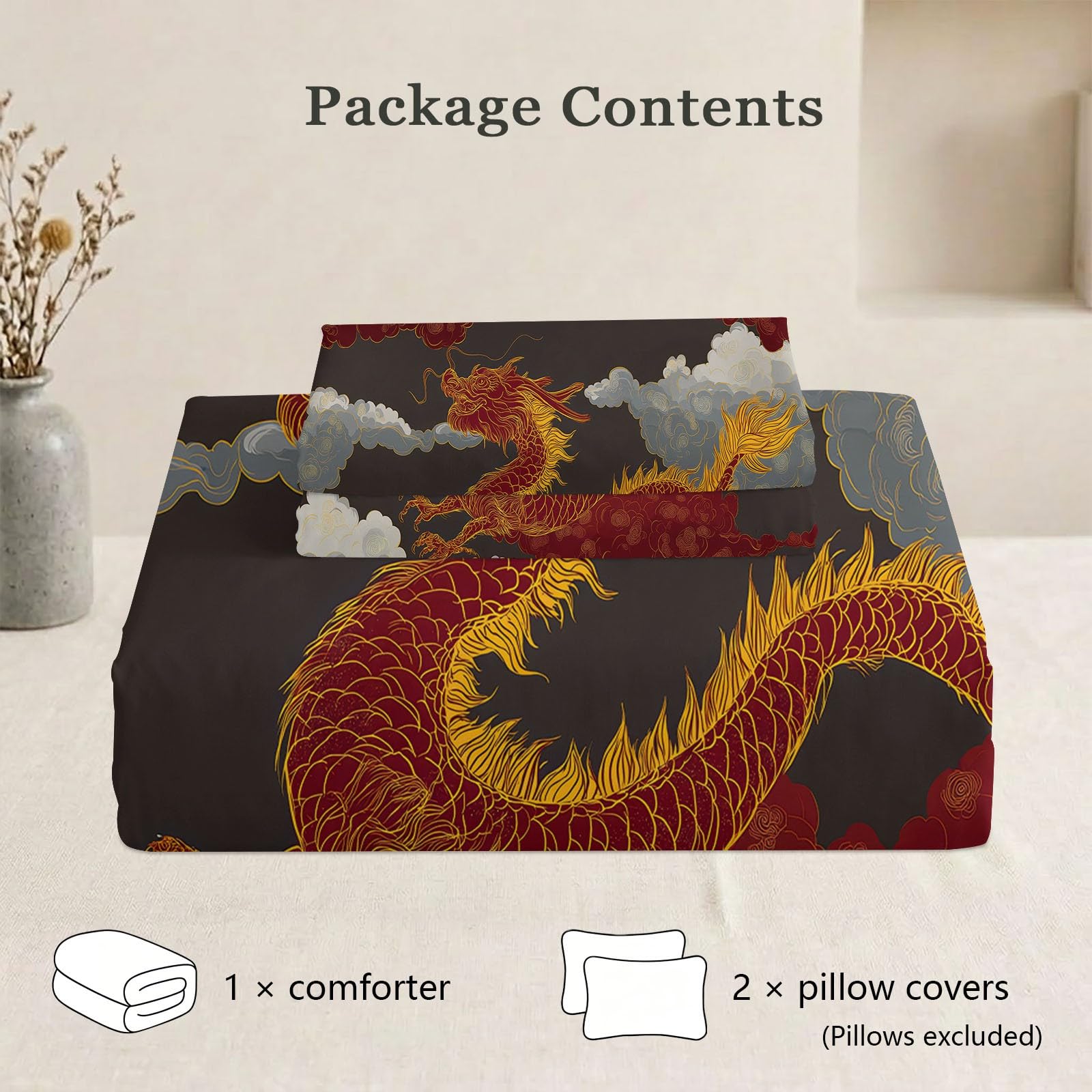 Podwójny zestaw pościeli z 2 poszewkami na poduszki - szara kołdra bez poszewki z tradycyjnym chińskim wzorem zwierzęcym smoka mgiełka nadaje się do prania, dwustronna, na wszystkie pory roku, lekka