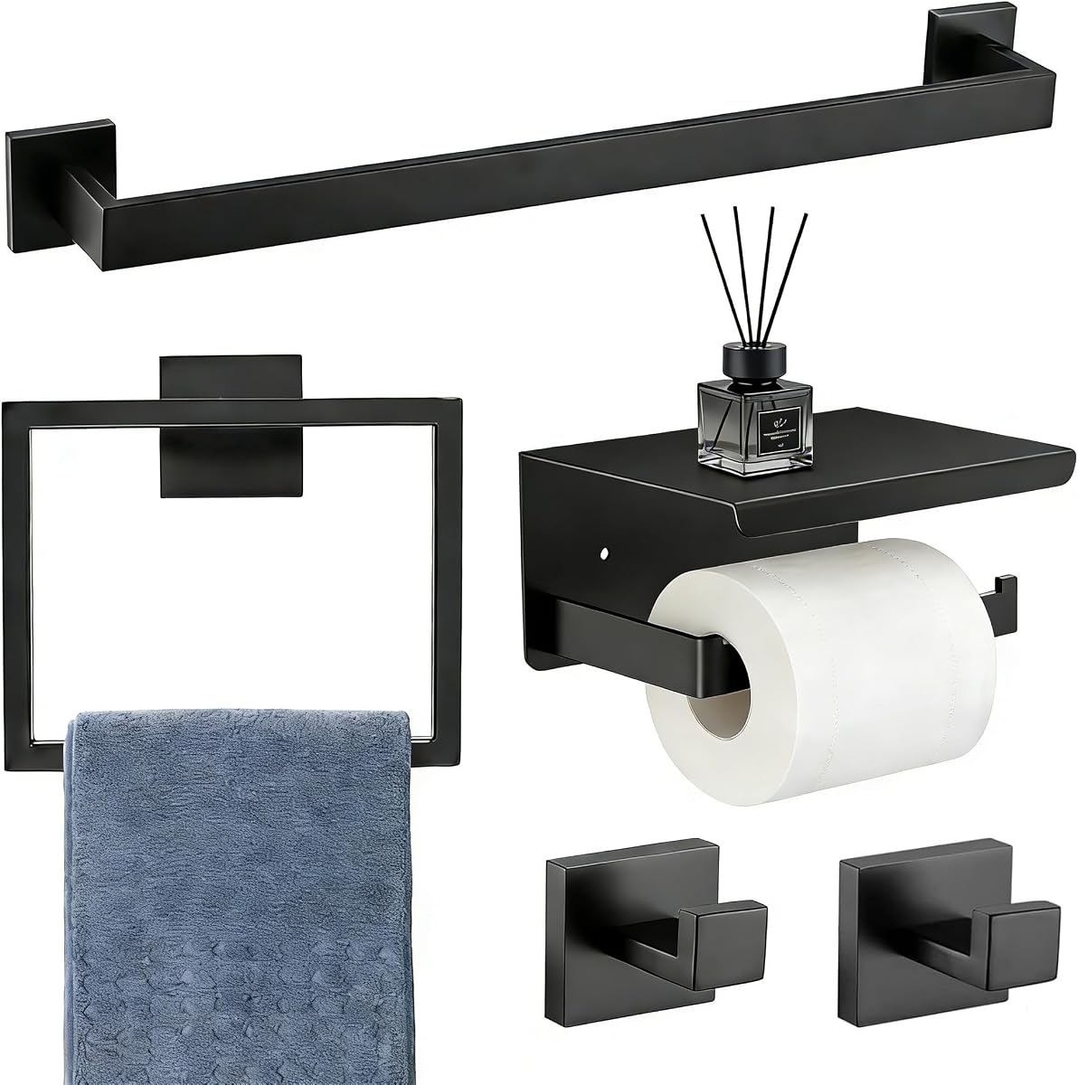 5-Pieces Bathroom Accessories Set, Matte Black Bathroom Hardware Set | Towel Racks Wall Mounted, 16 Inch Towel Bar, Towel Holder, Upgraded Toilet Paper Holder, SUS 304 Stainless Steel