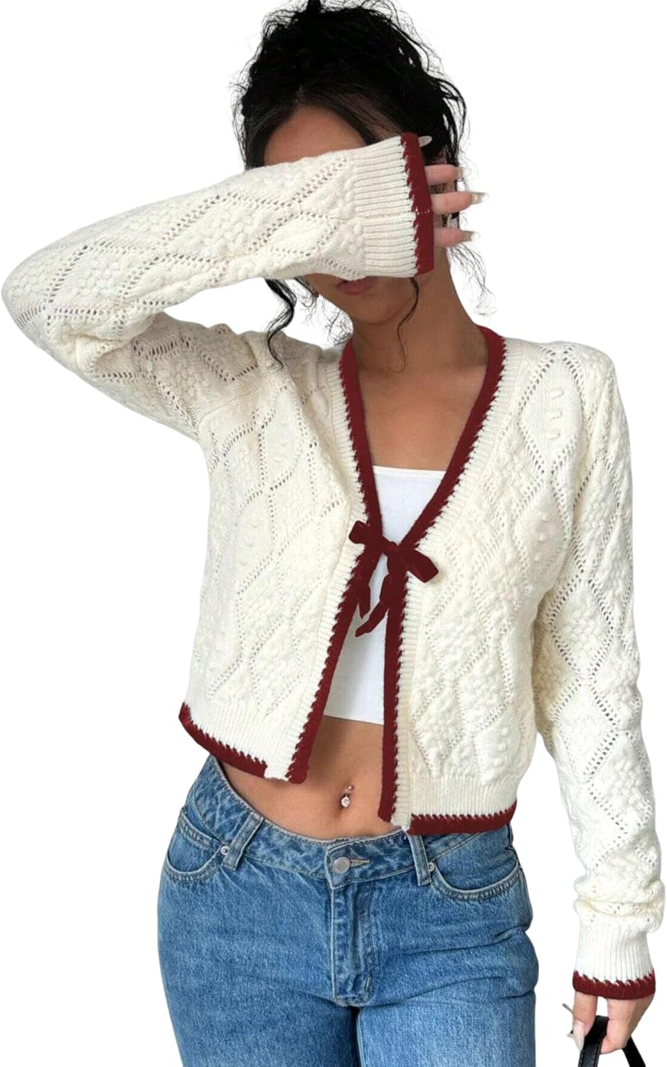 ZAFUL Women's Tie Front Cardigan Color Block Bow Cable Knit Sweater Open Front Long Sleeve Coats Tops