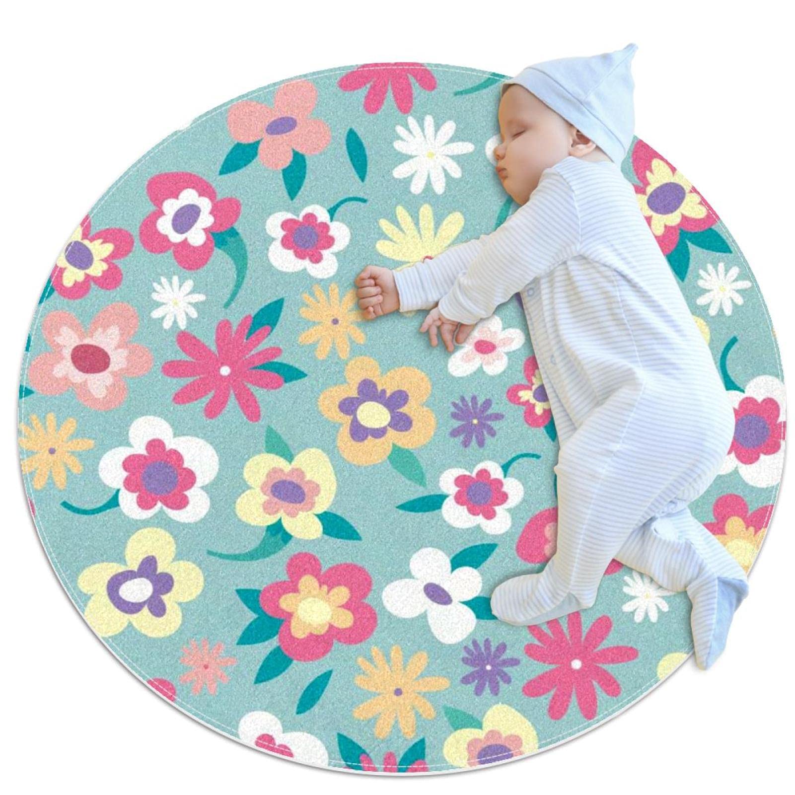 Tapis rond floral bleu 1m antidérapant pour chambre et salon