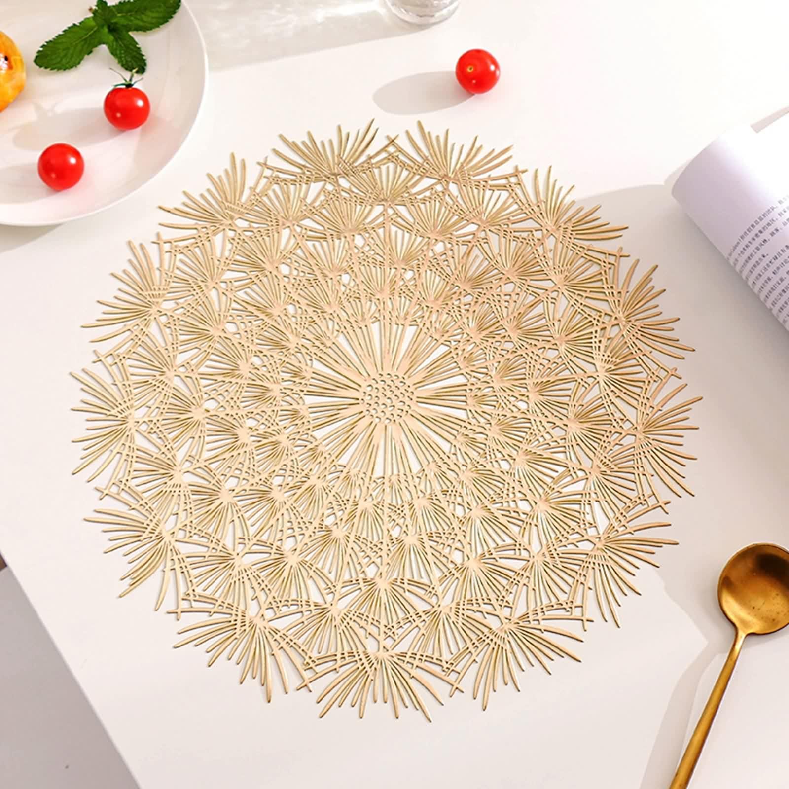 Salvamanteles de mesa dorados, manteles individuales americanos elegantes, juego de 10 modelos de diente de león de PVC bajoplatos 38 cm