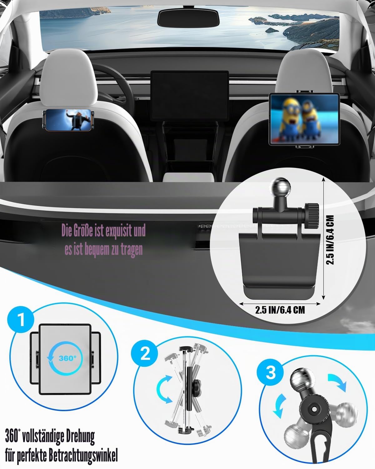 [Passgenau] Tablet Halterung für Tesla Model 3/Y, Rücksitz iPad Halter Auto, 360° Handyhalterung, Tesla Zubehör für iPad Pro 12.9/11, Air, Mini, Galaxy Tab, iPhone