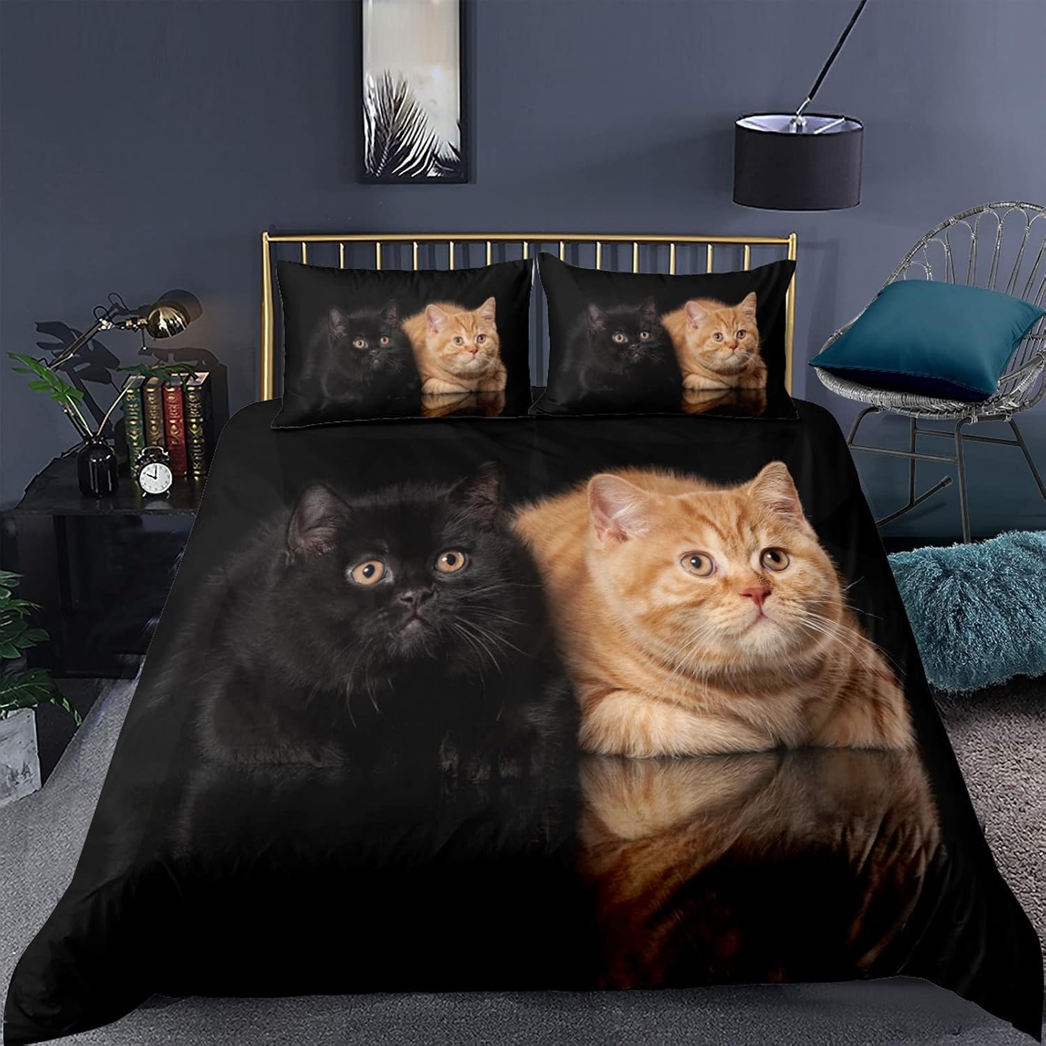 Housse de couette chat 200x200 parure de lit imprimé 3D microfibre avec taies 65x65