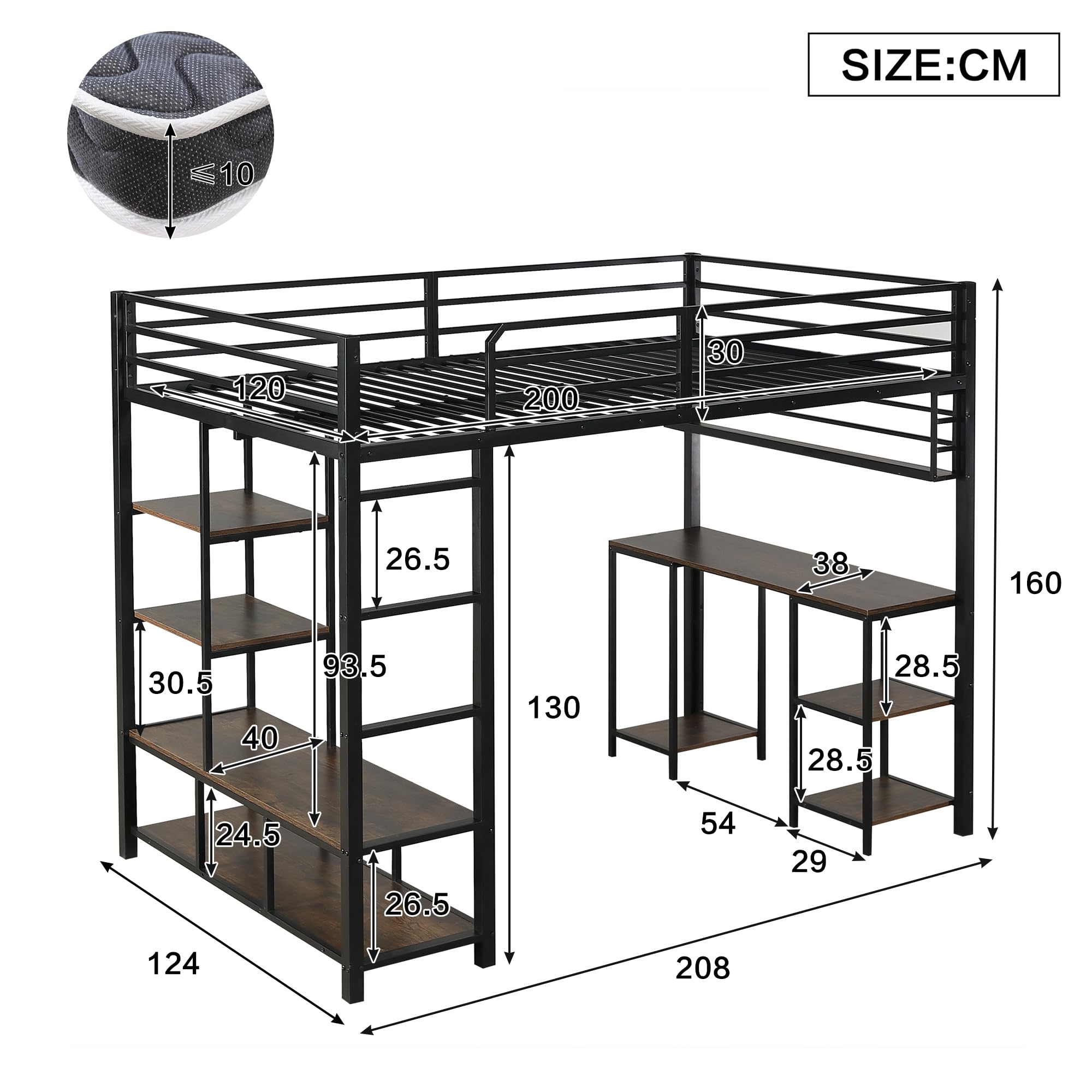Cama alta de metal, 120 x 200 cm, con escritorio y estante, cuna con barandilla de seguridad y escalera de 4 niveles, marco de hierro estable (negro y oscuro A)