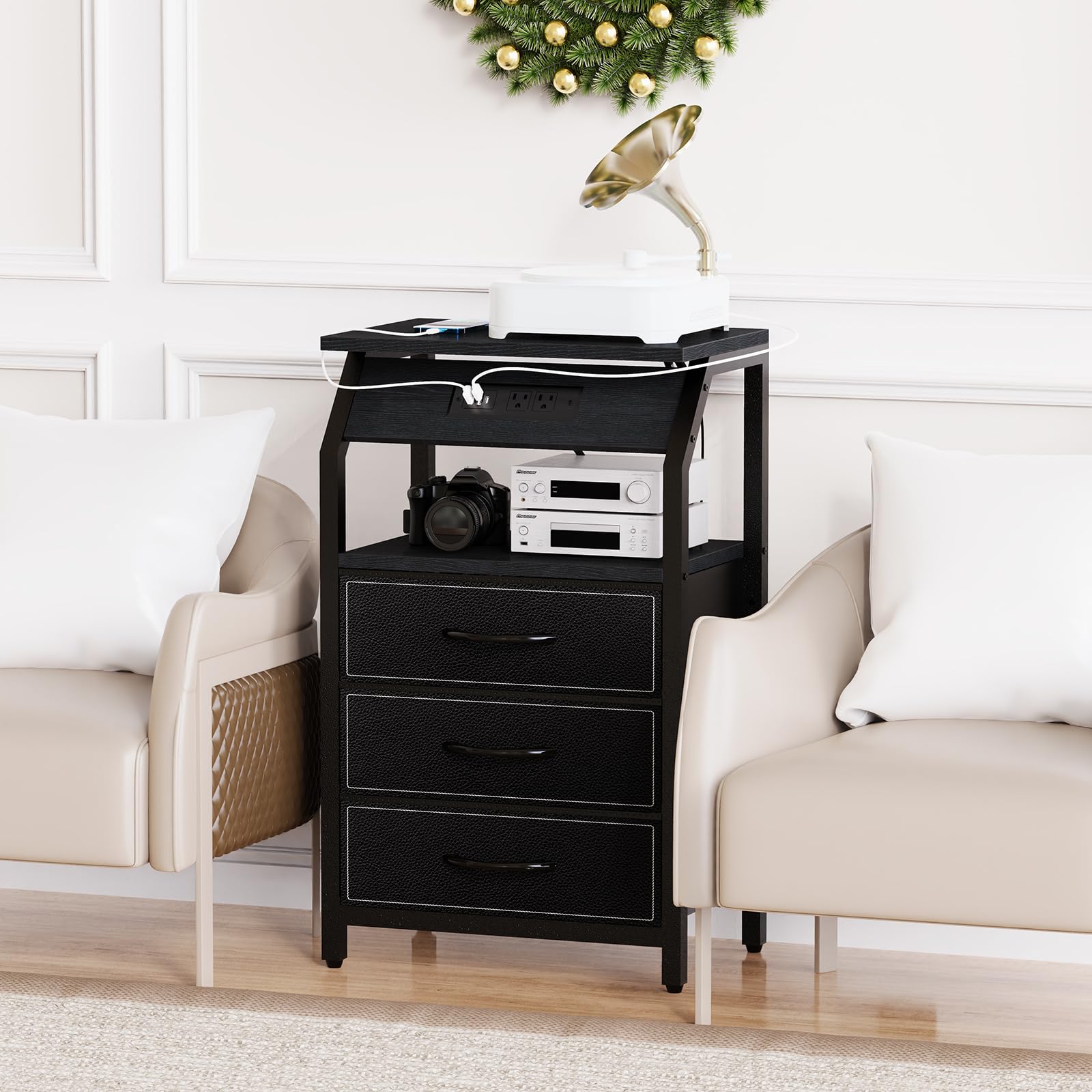 HOOBRO Table d'appoint avec station de charge, table d'appoint étroite, table de chevet avec 2 tiroirs non tissés, table d'appoint mince pour canapé, pour petits espaces, salon, chambre à coucher